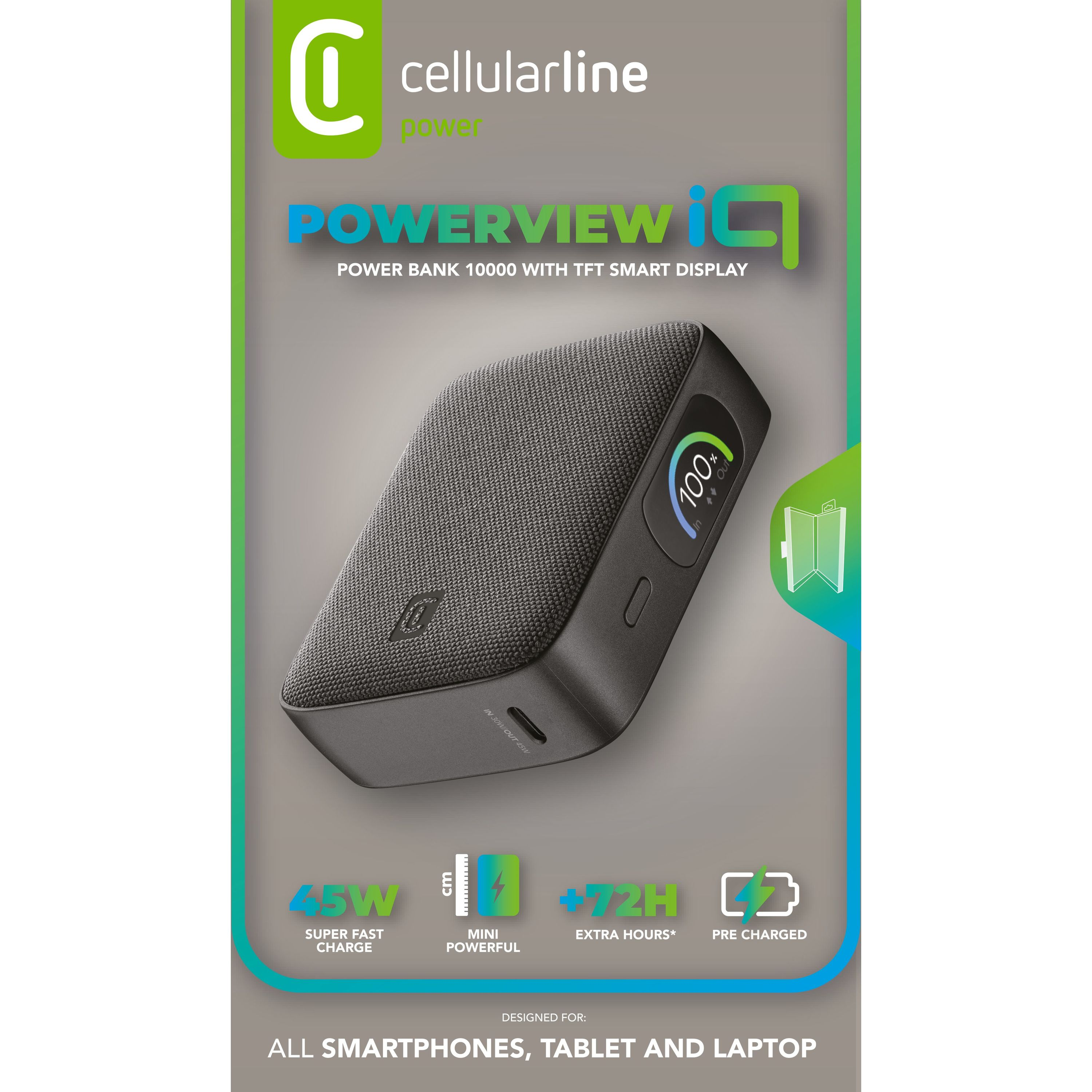 Gri Cellularline powerbank %100 şarj göstergesi ve 45W hızlı şarj özelliğine sahip.