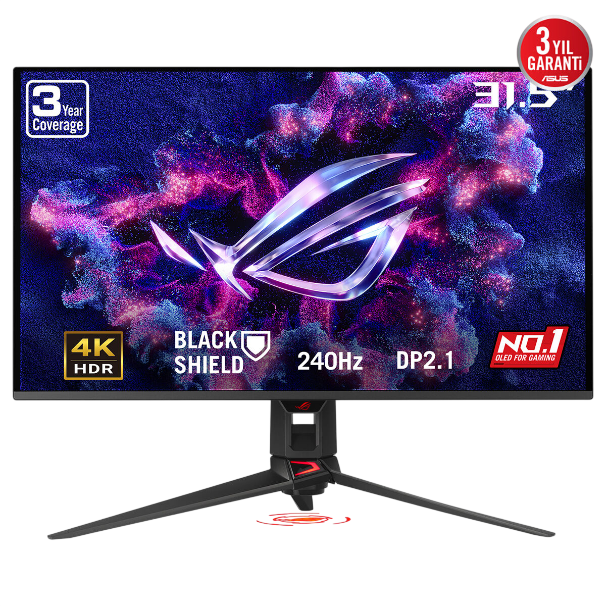4K HDR, 240Hz, DP2.1 ve ROG logosuna sahip 31,5 inç oyuncu monitörü.