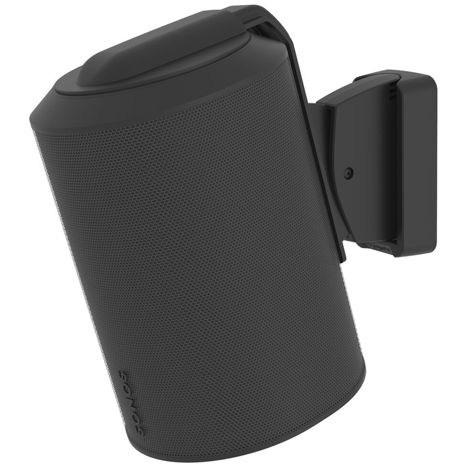 Black Sonos speaker mounted on a wall bracket.