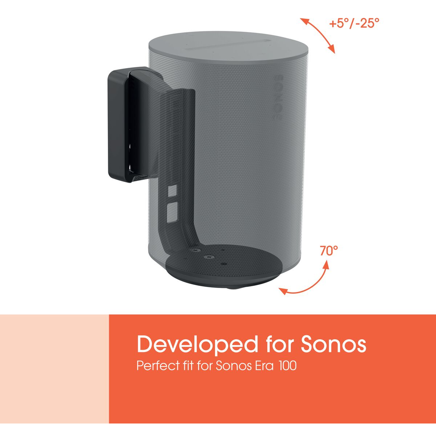 Gray speaker with black mount, adjustable 70° and +/-25° tilt. For Sonos Era 100.