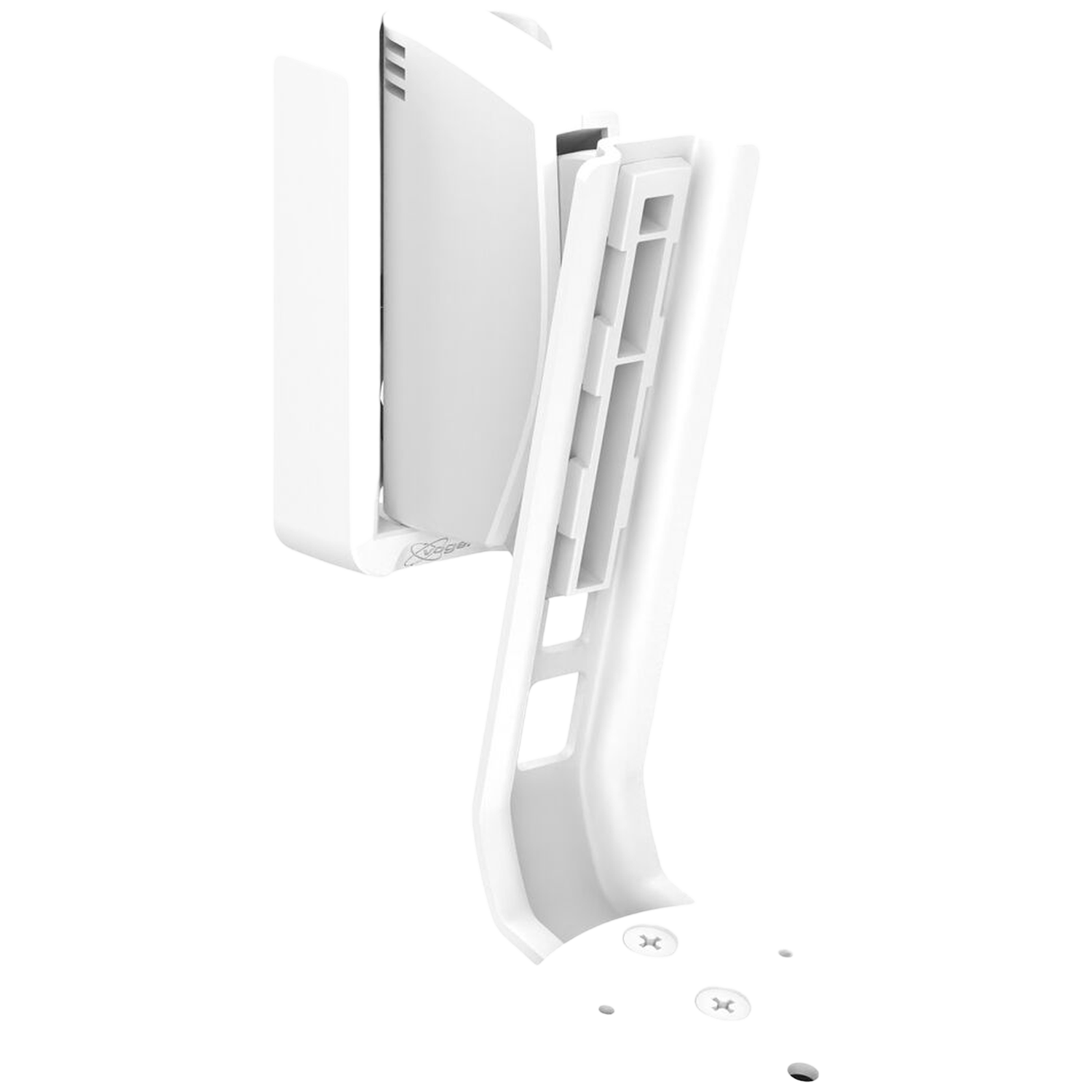 Een witte wandhouder voor gameconsoles. Strak, modern design.