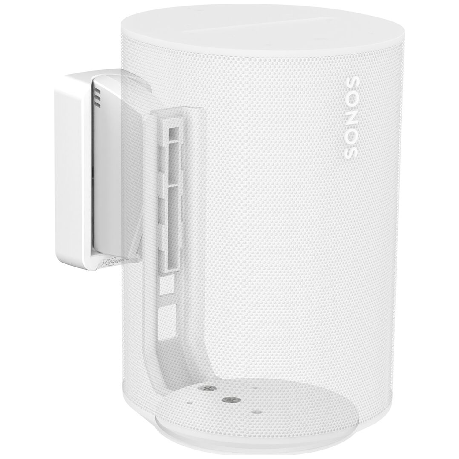 Witte Sonos speaker gemonteerd op een witte muurbeugel, geïsoleerd op witte achtergrond.