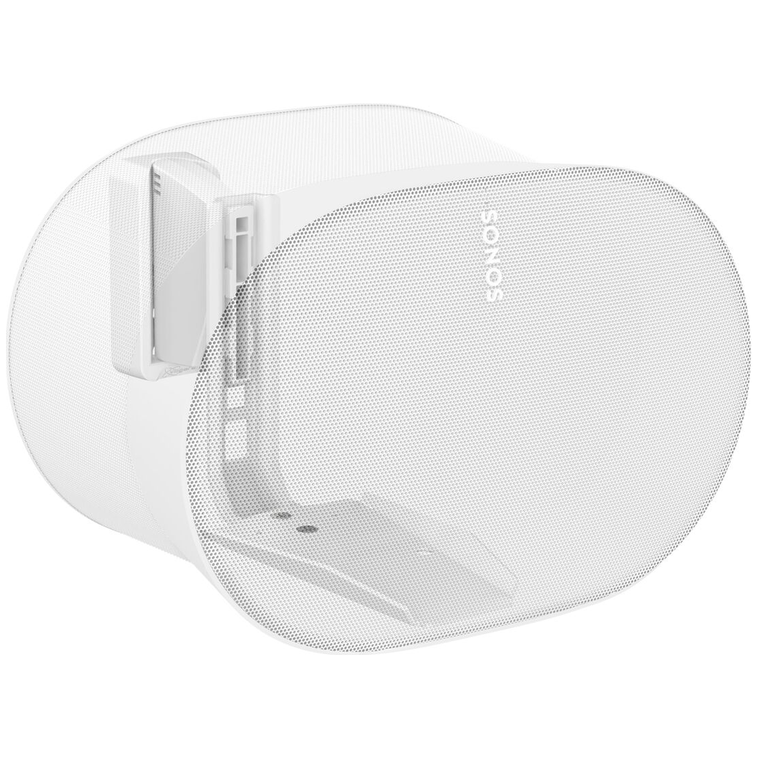 Een witte Sonos-luidspreker met een draaibare wandmontage.