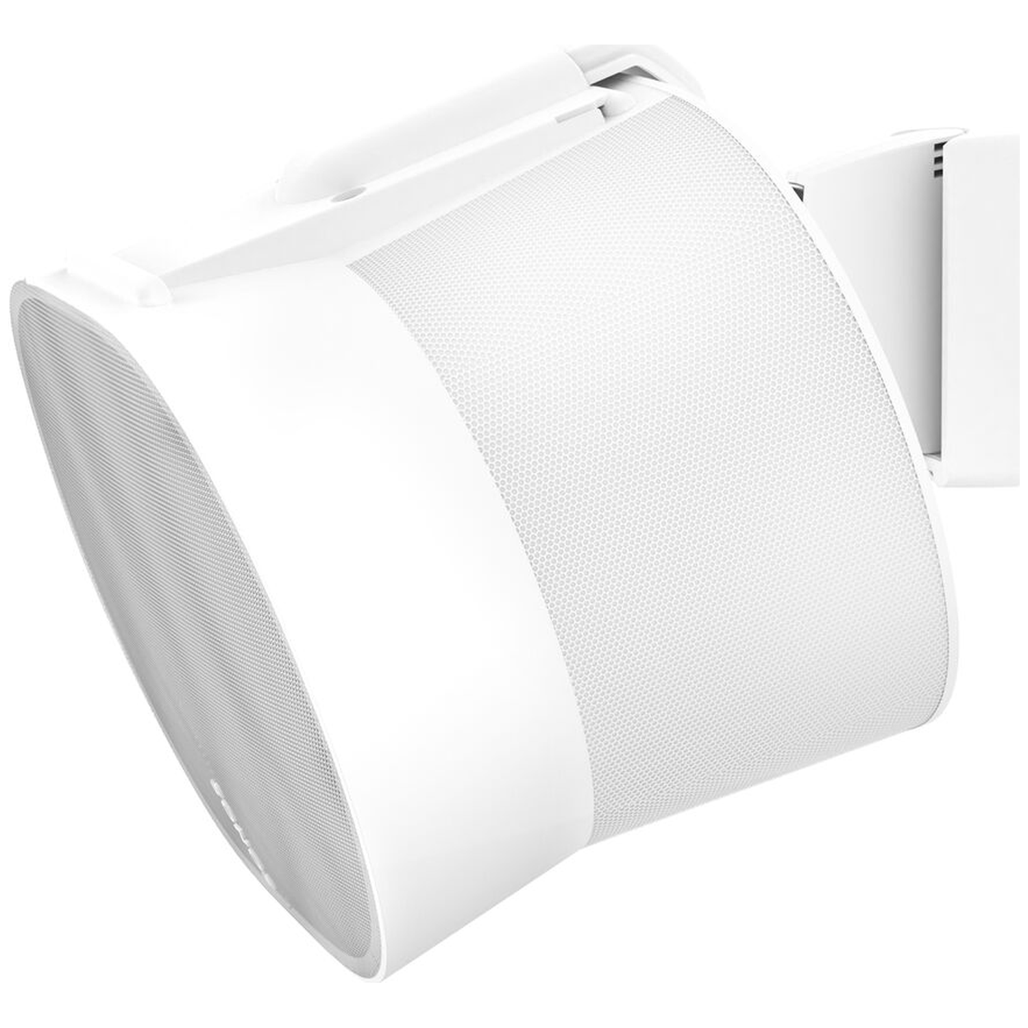 Een witte luidspreker is gemonteerd op een muurbeugel.