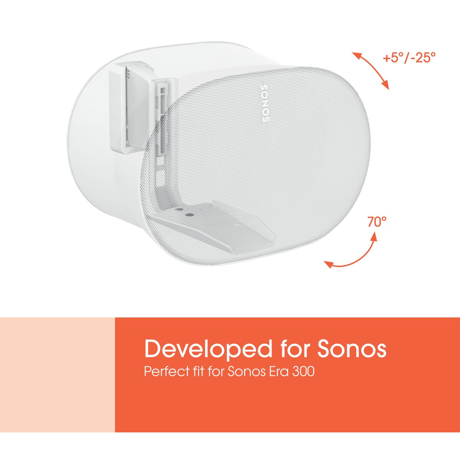 Witte Sonos luidsprekerbeugel met instelhoeken +5°/-25° en 70°.