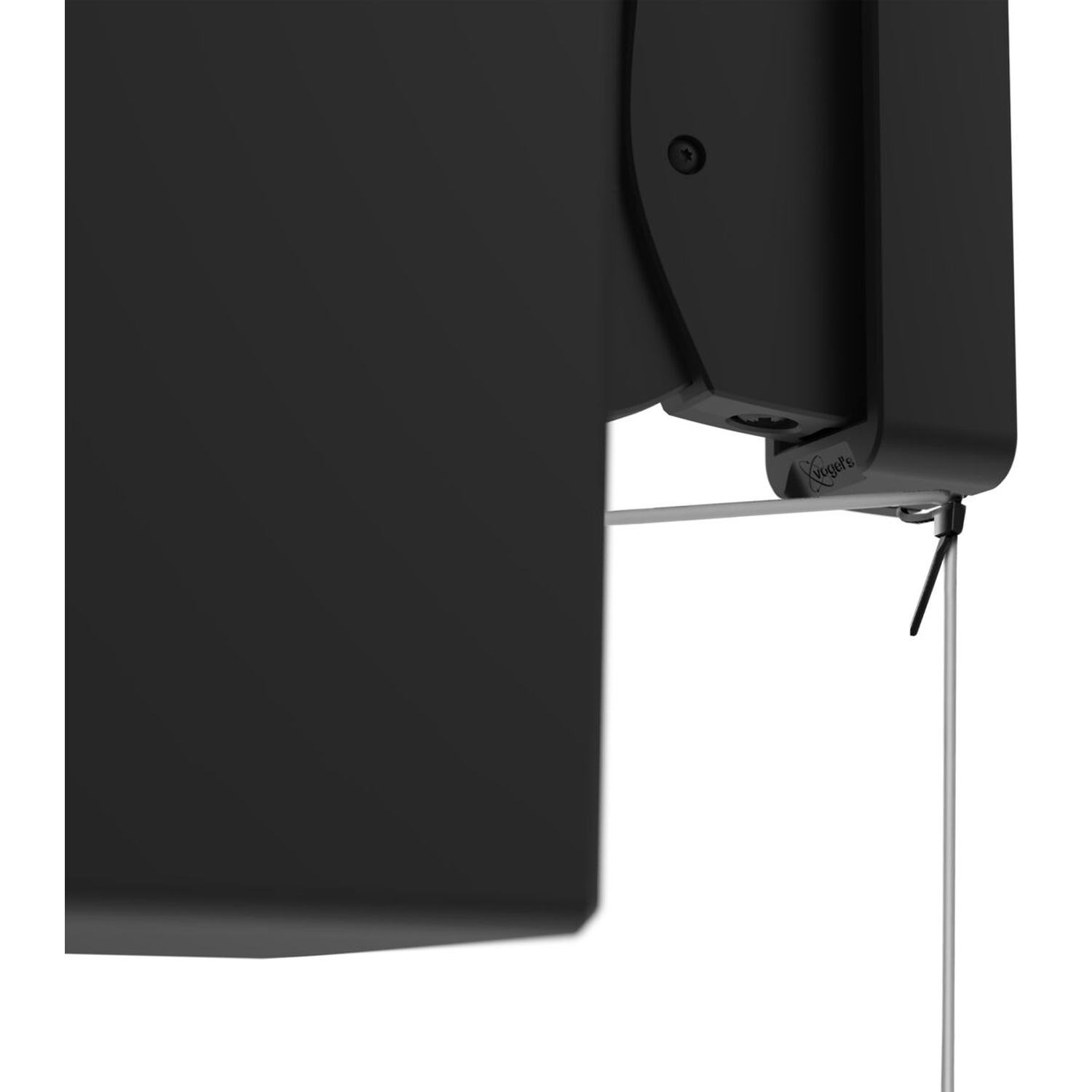 Zwarte monitorarm met zilveren standaard en Vogel's logo.