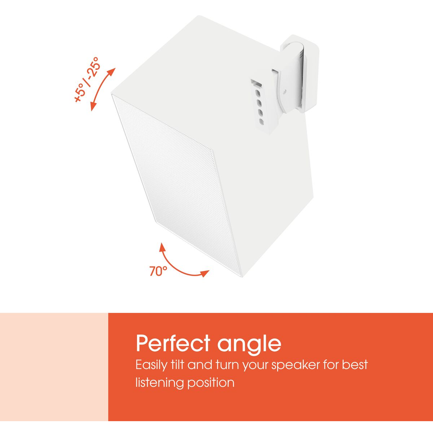 White speaker with bracket, showing tilt angles of +5°/-25° and 70°.