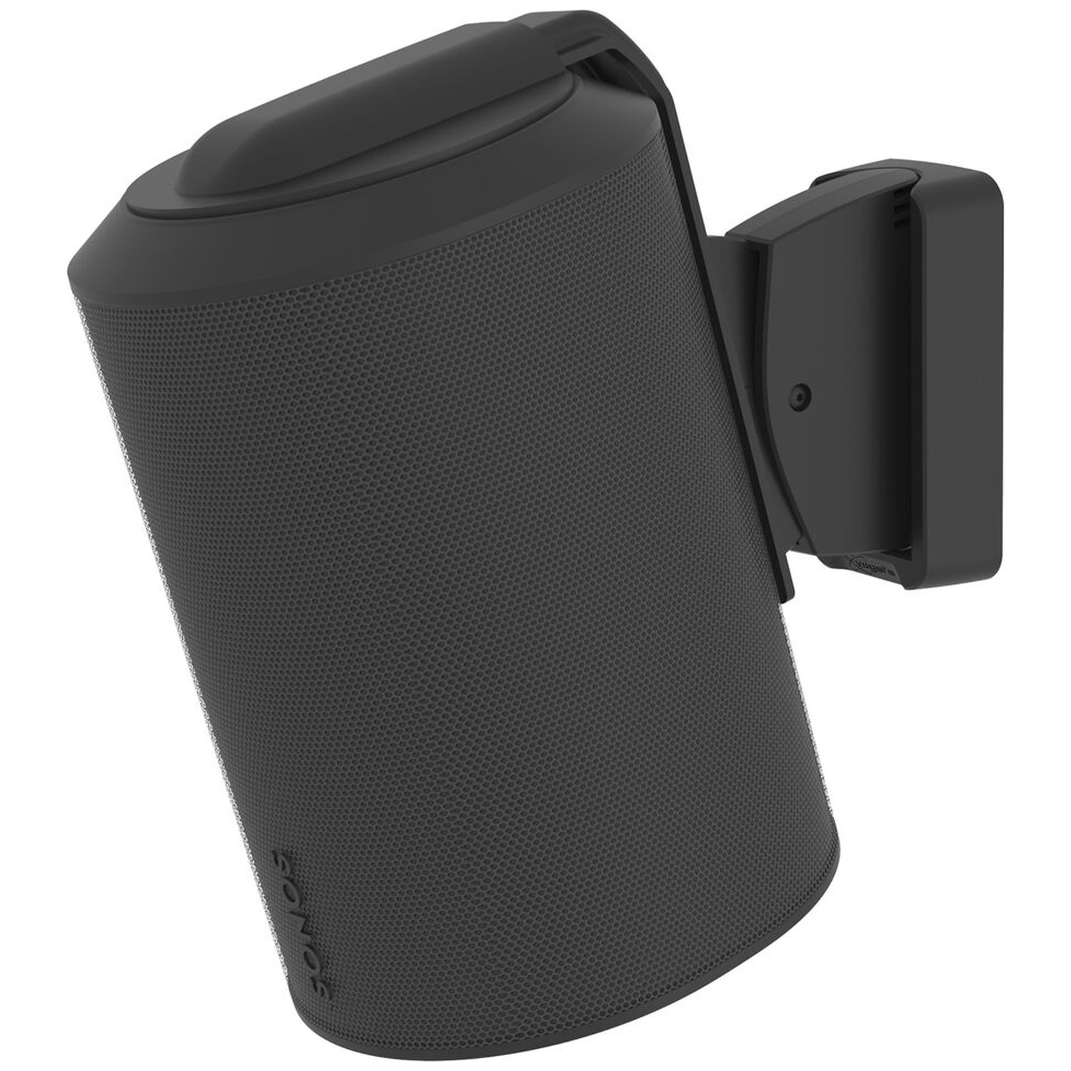 Enceinte noire avec support mural; le logo Sonos est visible.