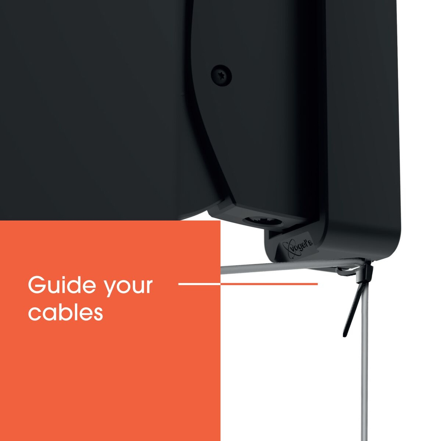Support noir avec logo 'Vogel's' et texte 'Guide your cables' sur orange.
