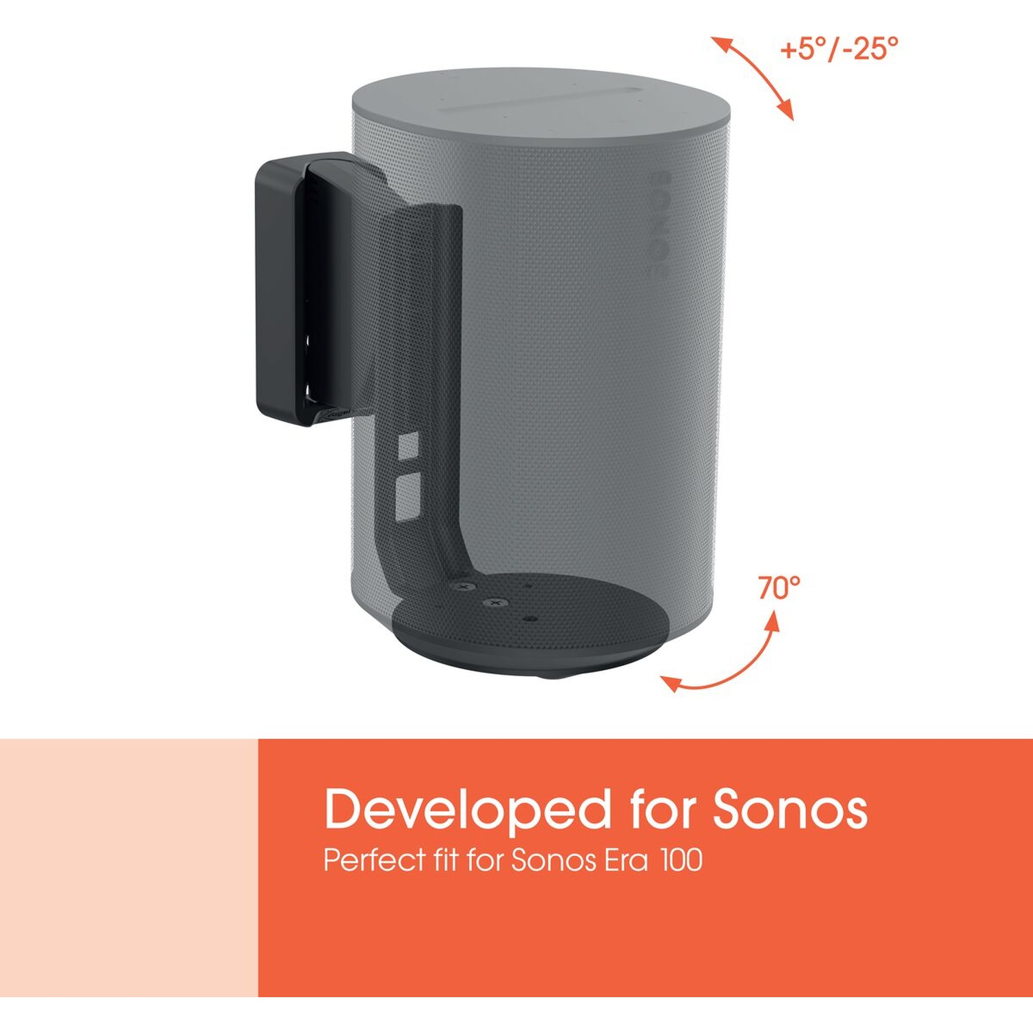 Un support de haut-parleur gris avec angles : +5°/-25° et 70°.