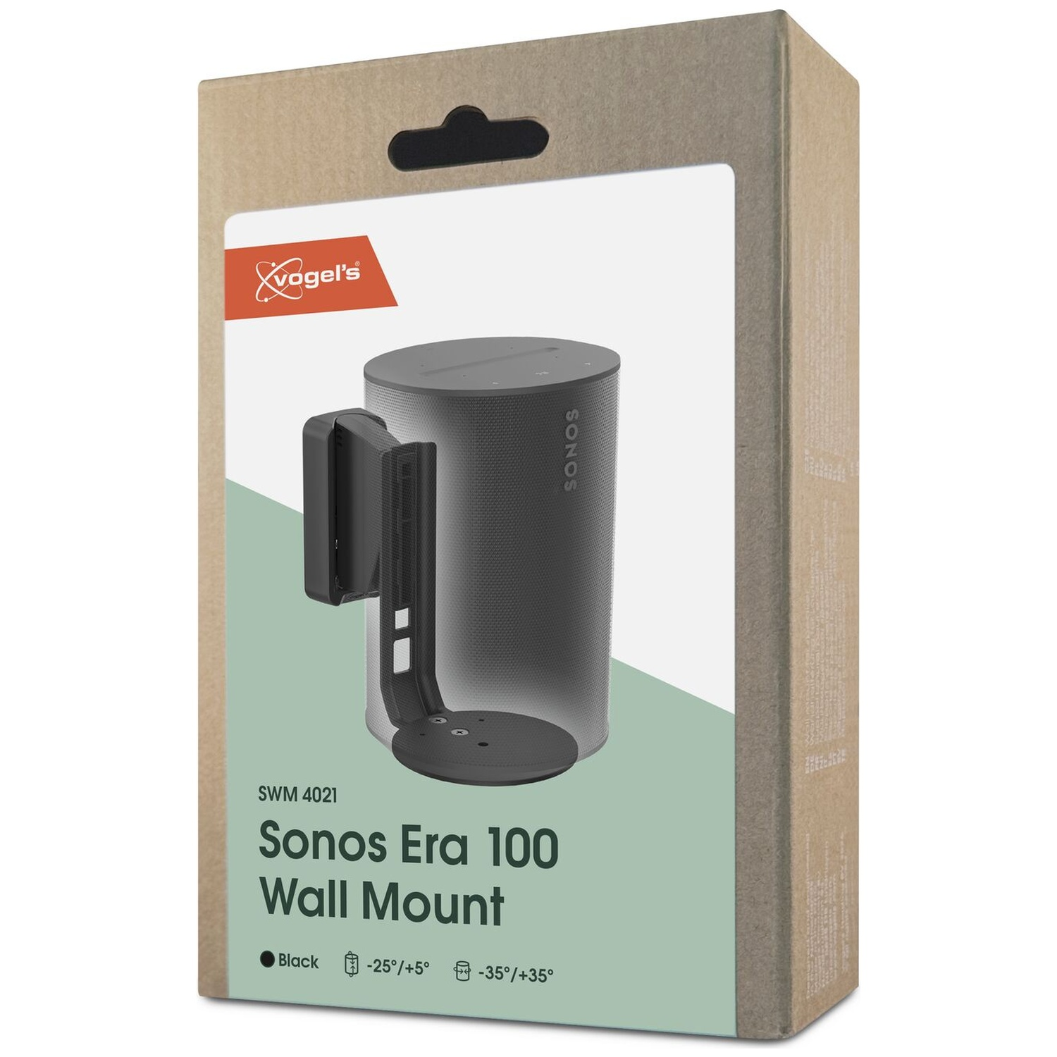 Emballage du support mural Vogel's Sonos Era 100 noir, avec inclinaison.