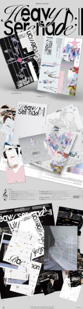Albumcover und Fotos von K-Pop-Album 'Heavy Serenade' mit Text und Bildern.