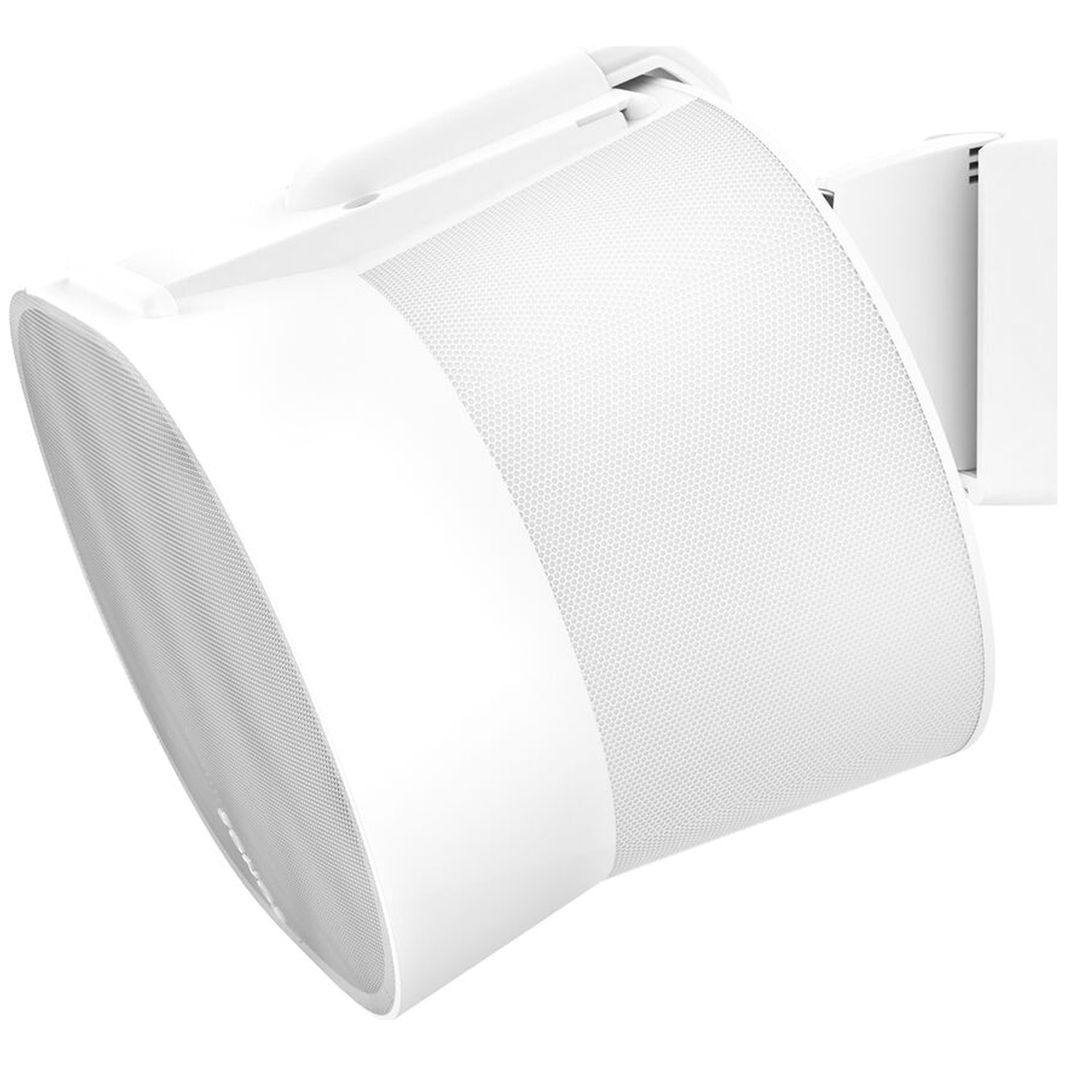 A white speaker mounted on a white wall bracket.