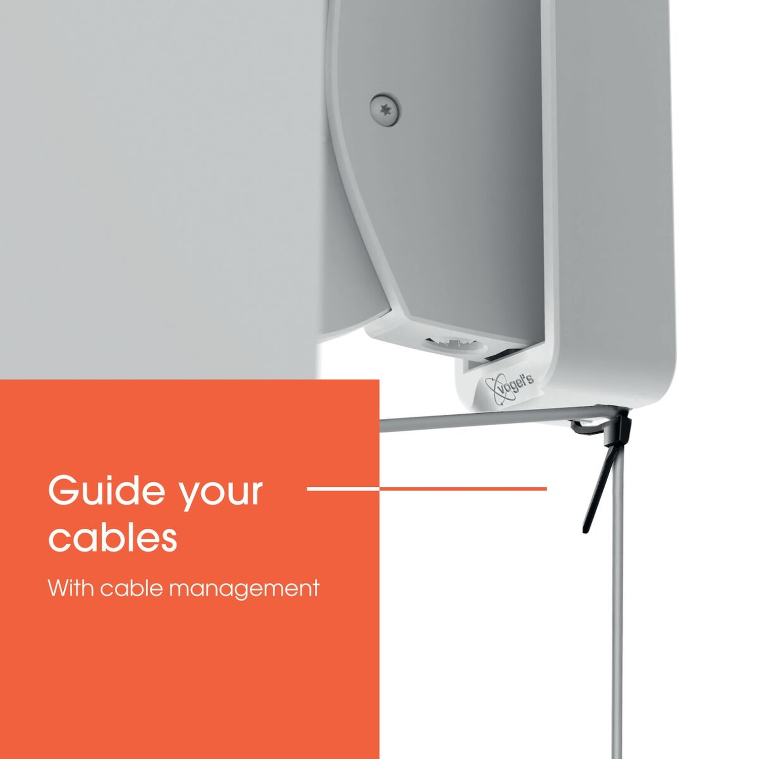 White bracket with cable management and Vogel's logo.
