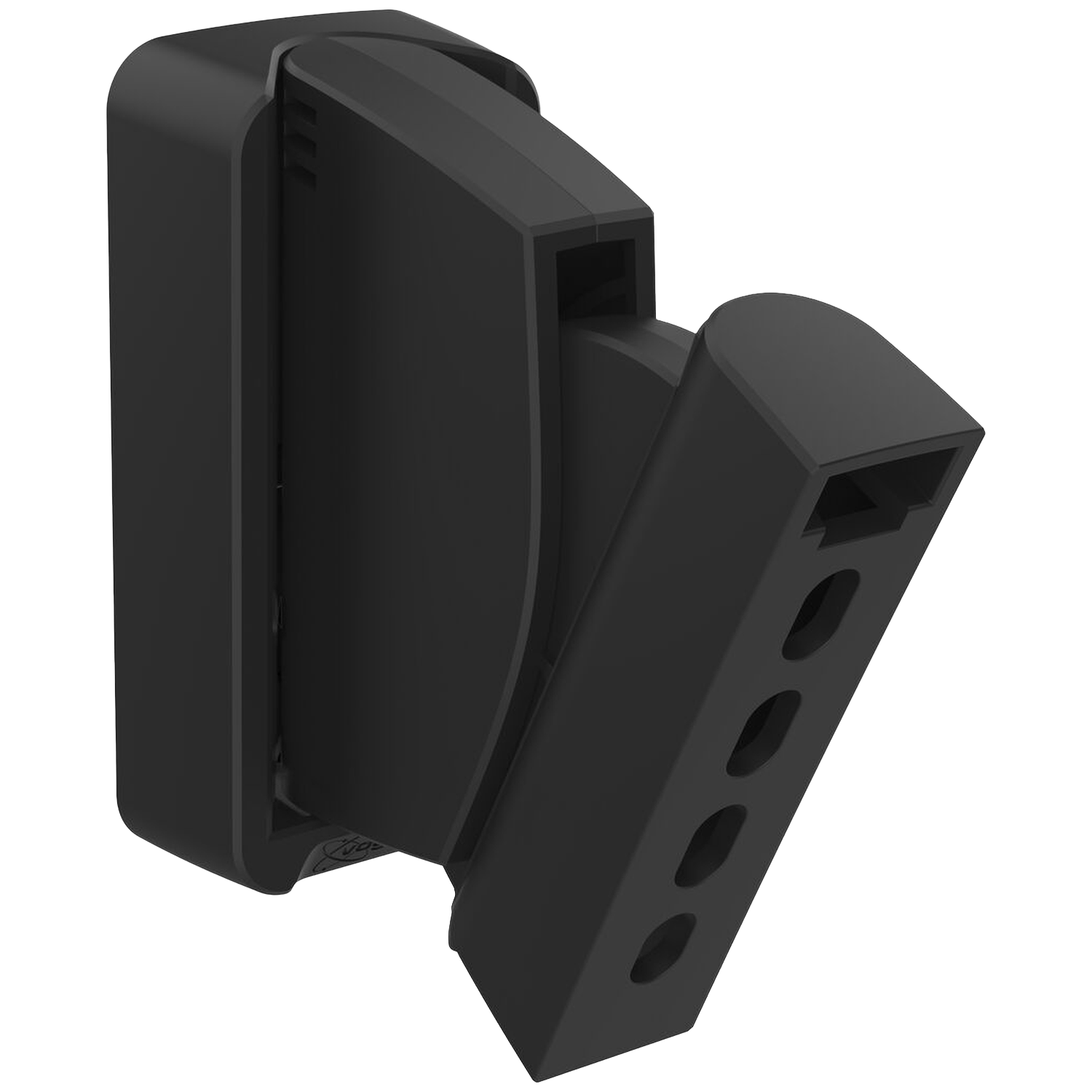 Support rectangulaire noir avec bras pivotant et quatre découpes ovales.