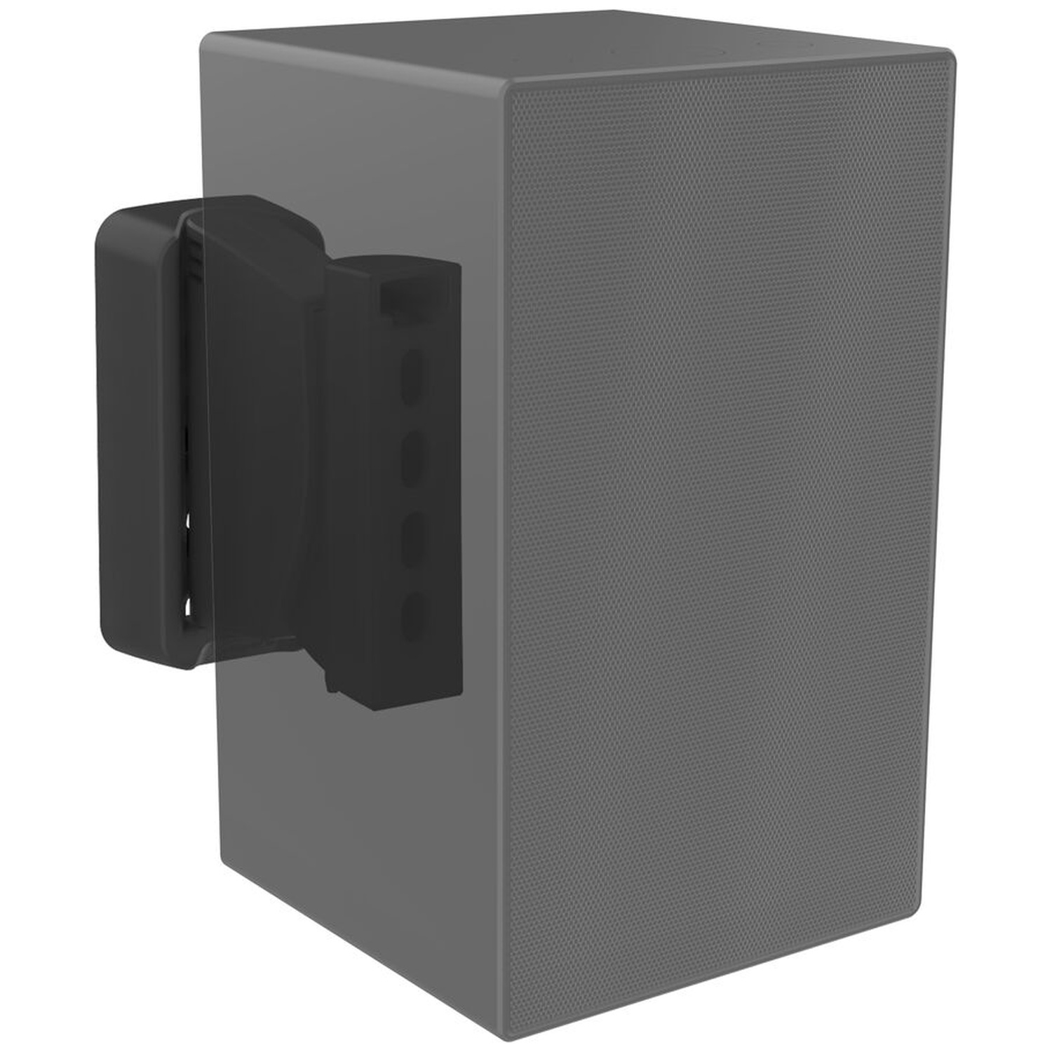 Un support d'enceinte noir est fixé à une enceinte grise.