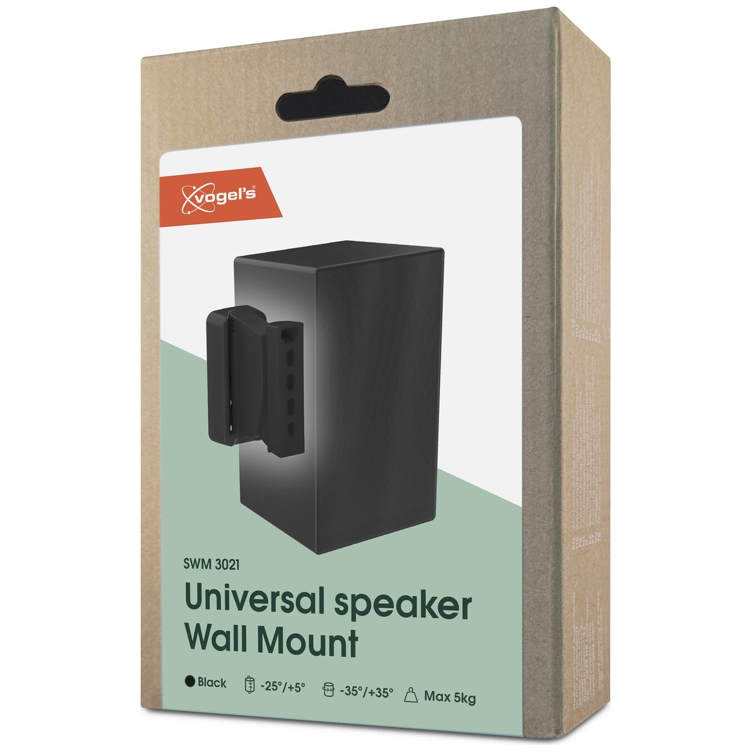 Boîte de support mural universel pour haut-parleur Vogels. Noir, inclinaison -25/+5, pivot -35/+35, max 5kg.
