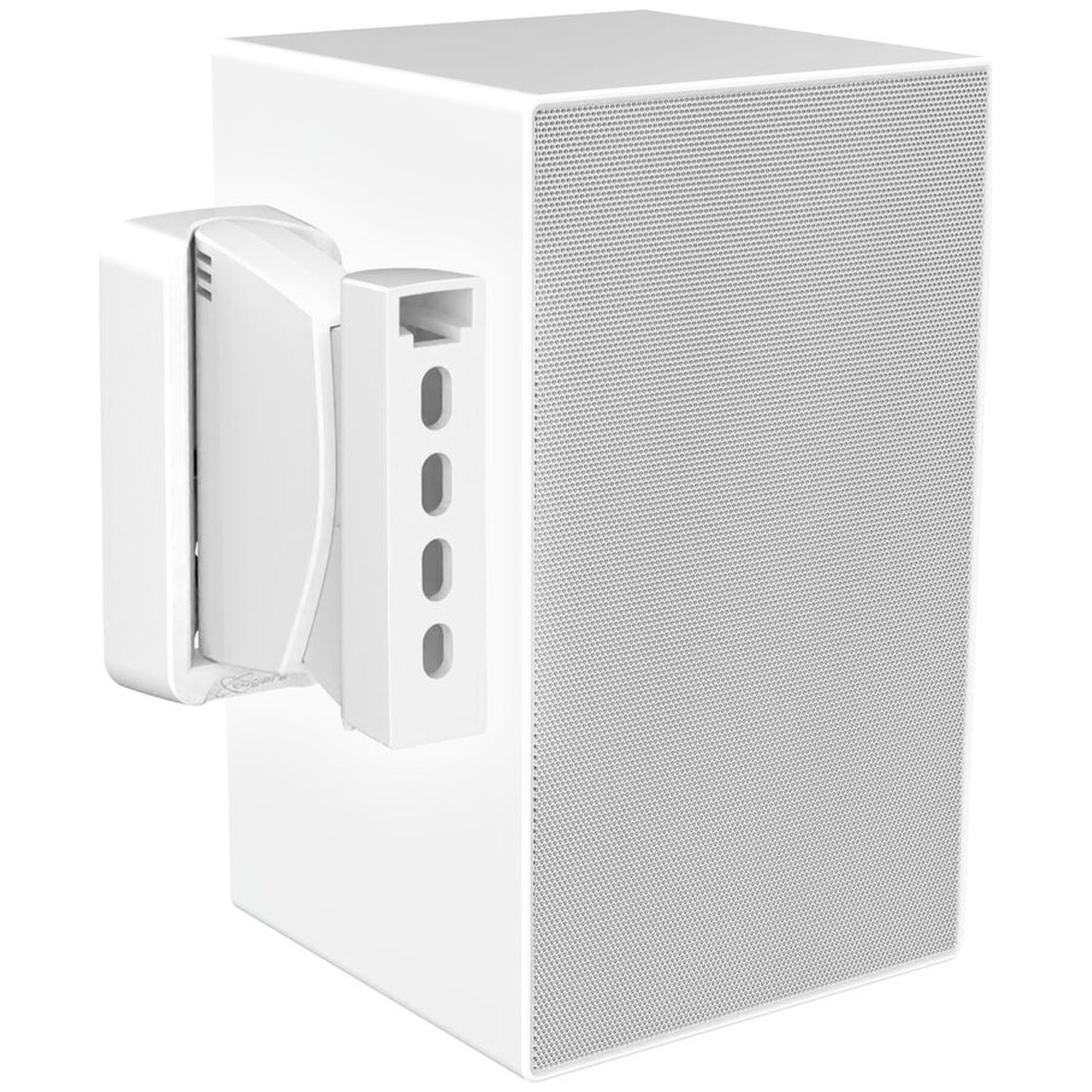 A white speaker with a wall mount is shown against a white background.