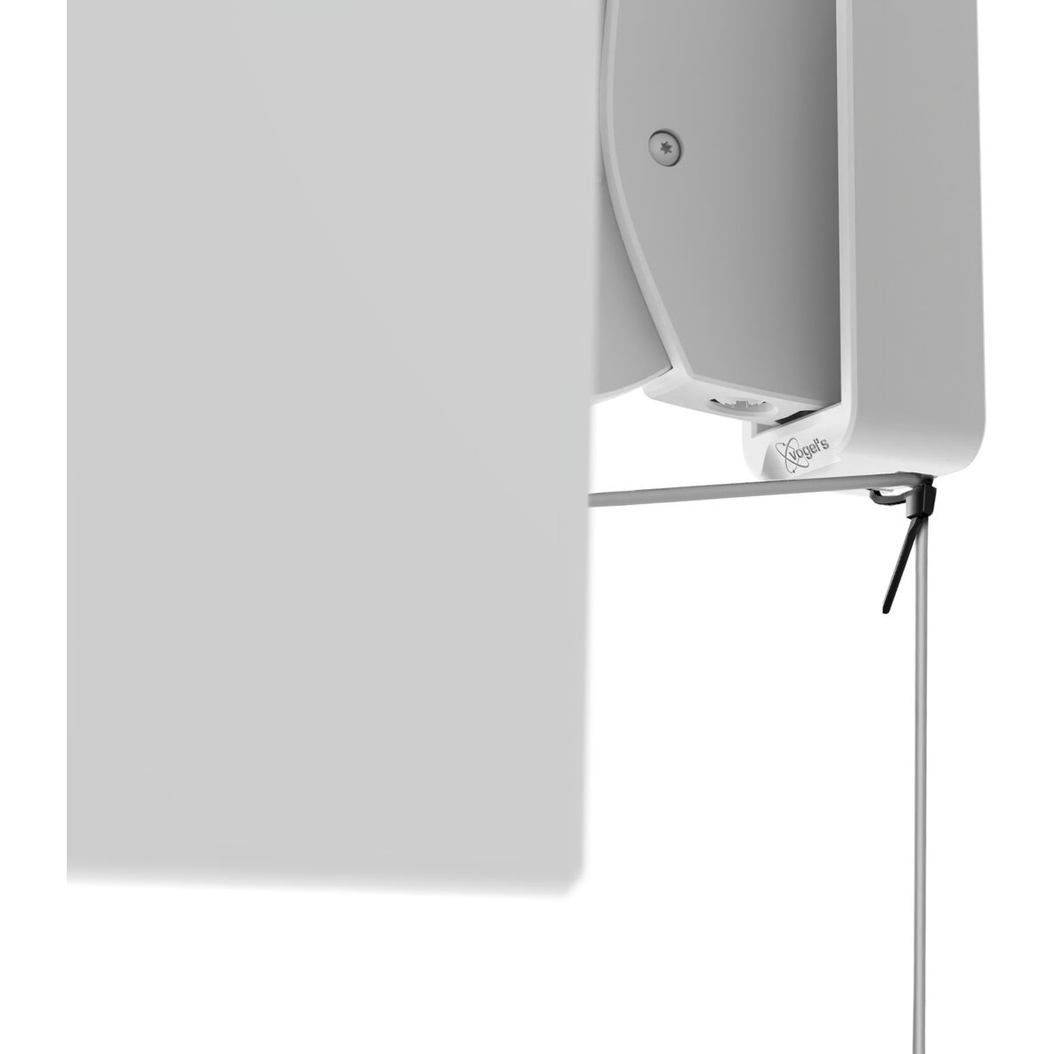 A white device with the Vogel's logo, mounted on a silver stand.