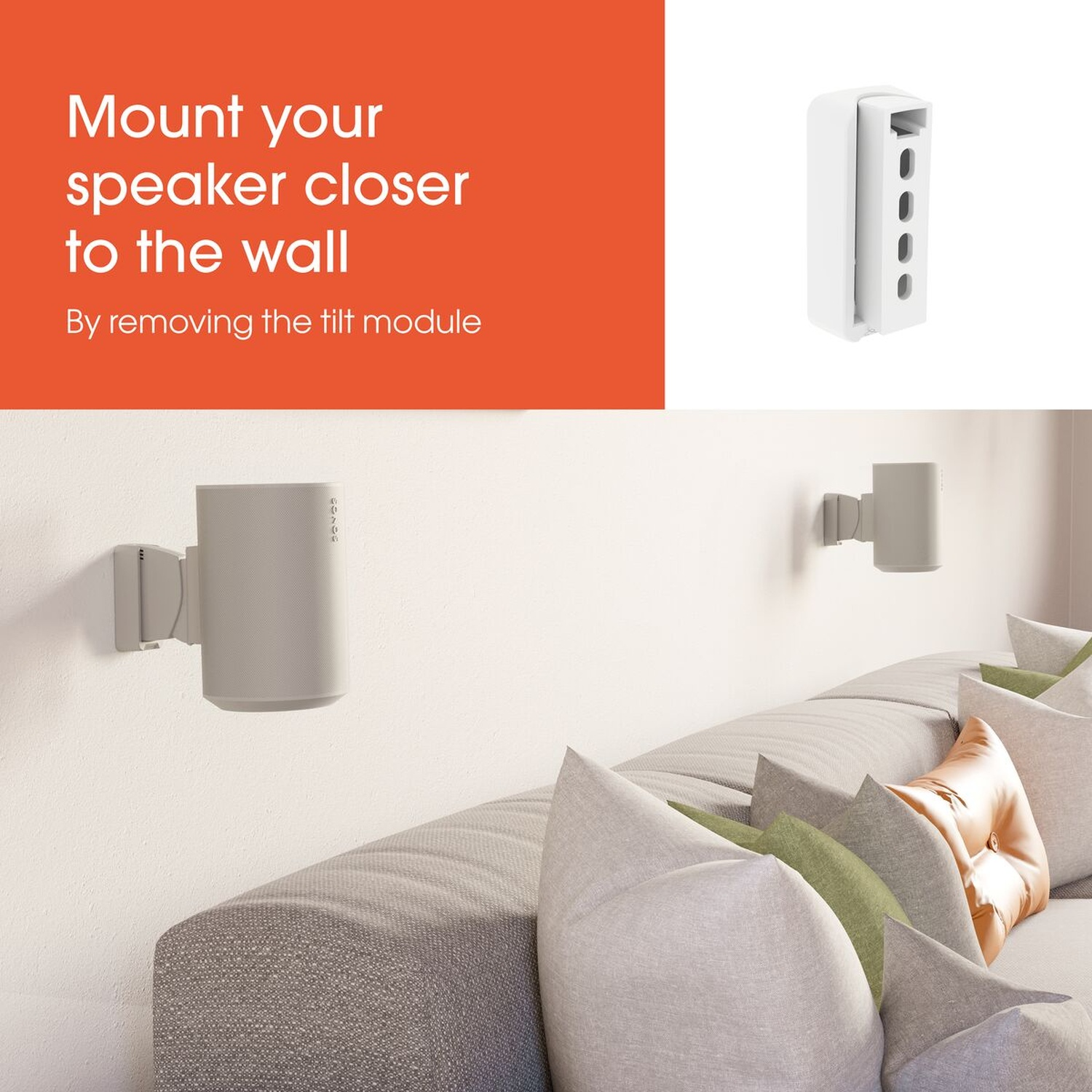 Wall mount for speaker shown on wall with couch and pillows.
