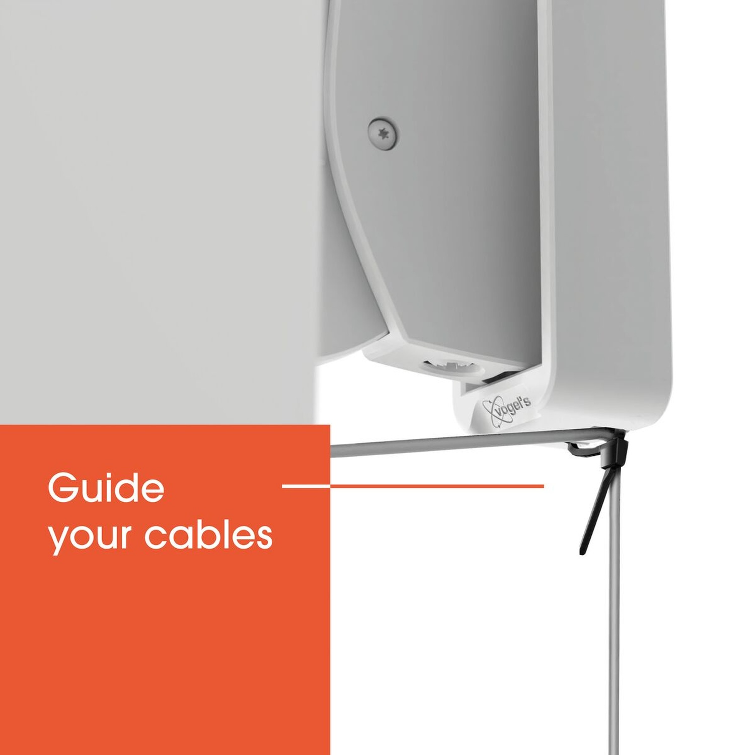 White mount with cable management aid and Vogel's logo.