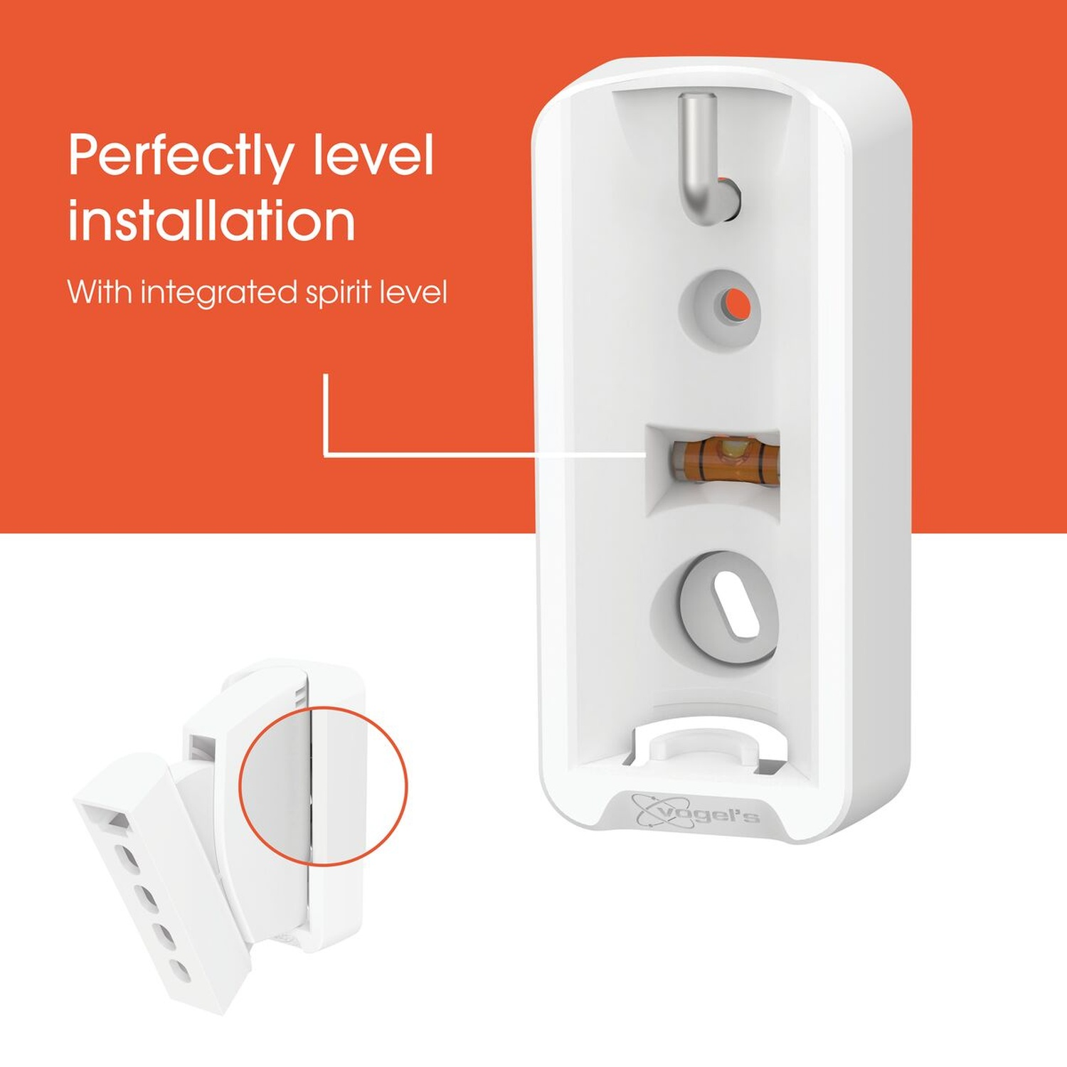 White bracket with integrated spirit level for perfect installation.