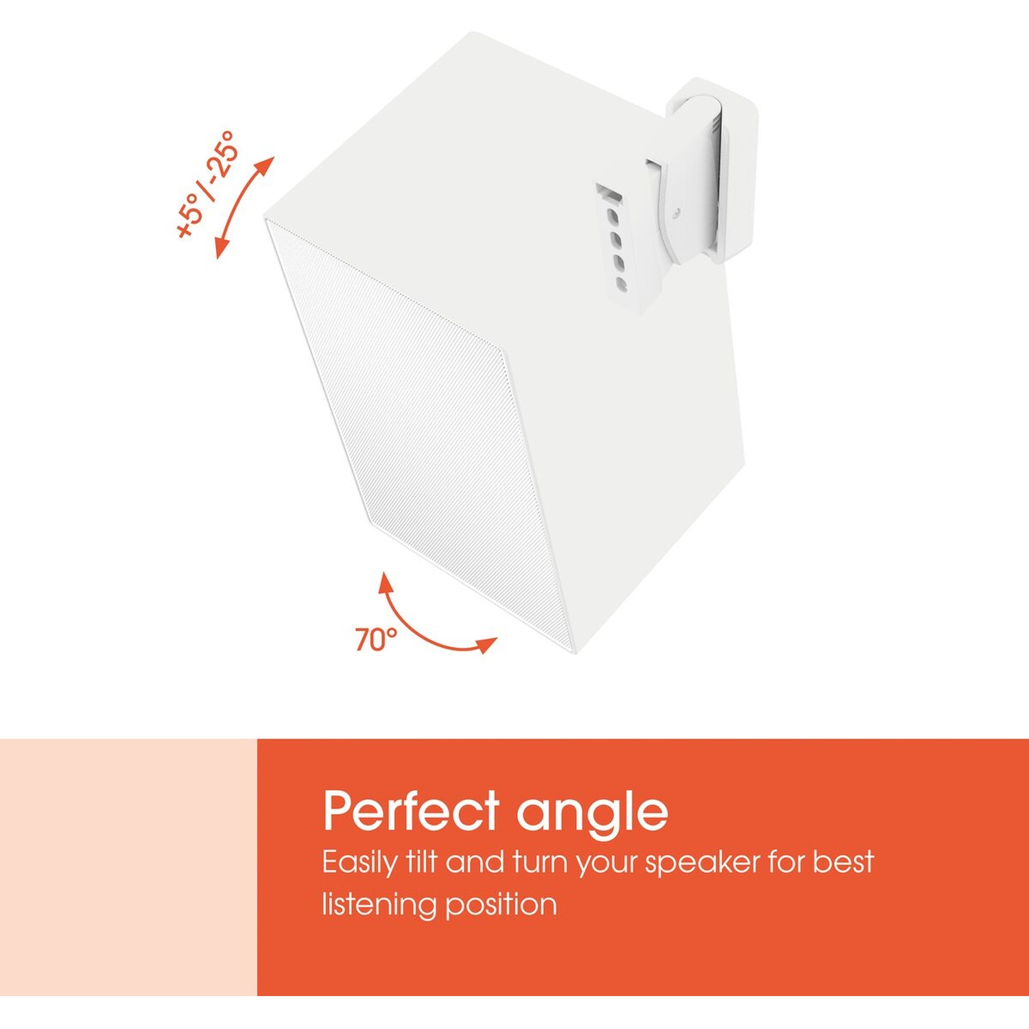 White speaker with mount shows tilt angles +5°/-25° and 70°.