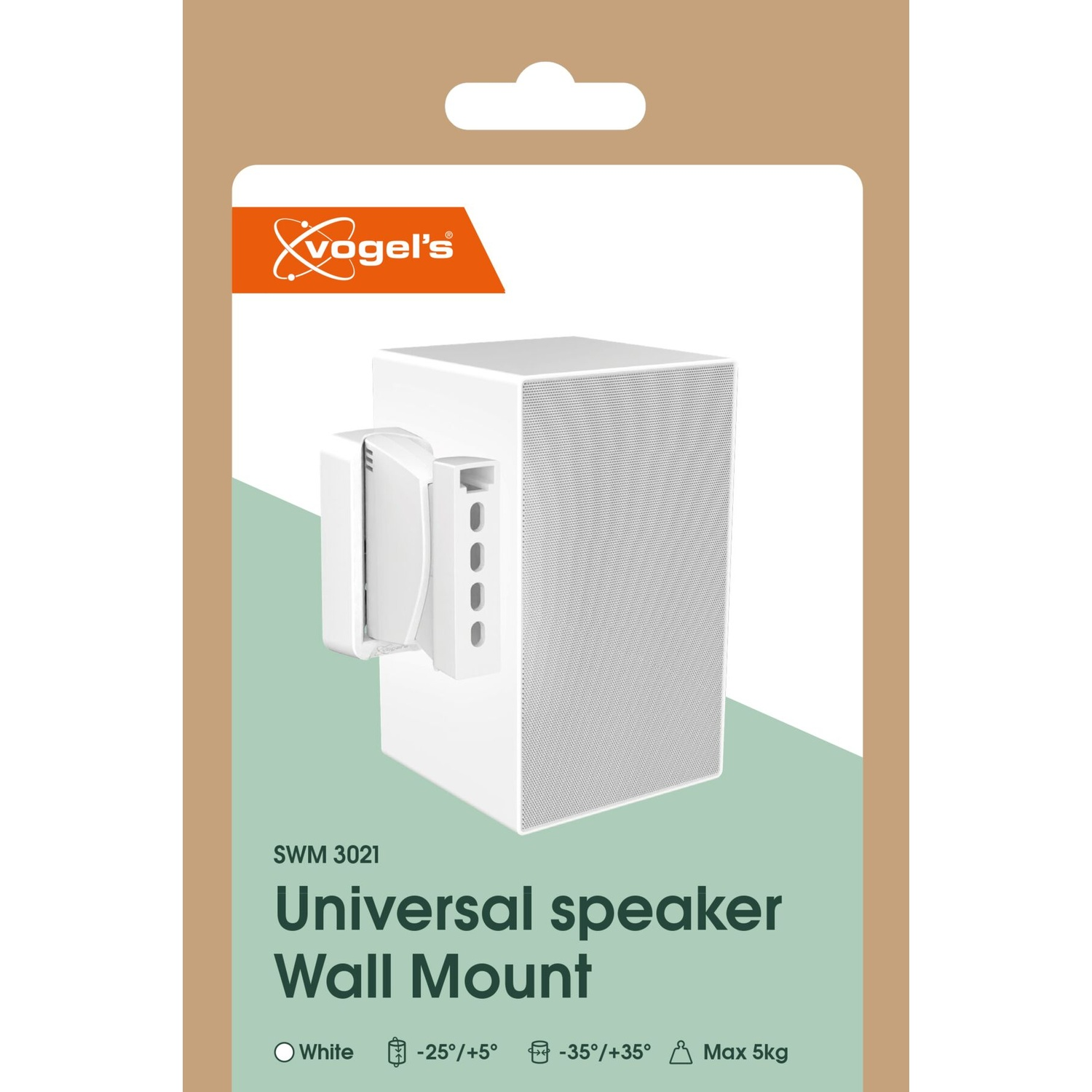 Packaging for a white Vogel's Universal Speaker Wall Mount.