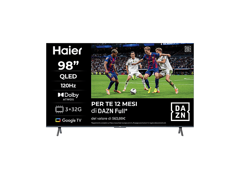 Haier H98S900UX, Smart TV QLED 98", 4K, Google TV, 120Hz, Dolby Vision & Atmos, Abbonamento DAZN Full 12 mesi incluso