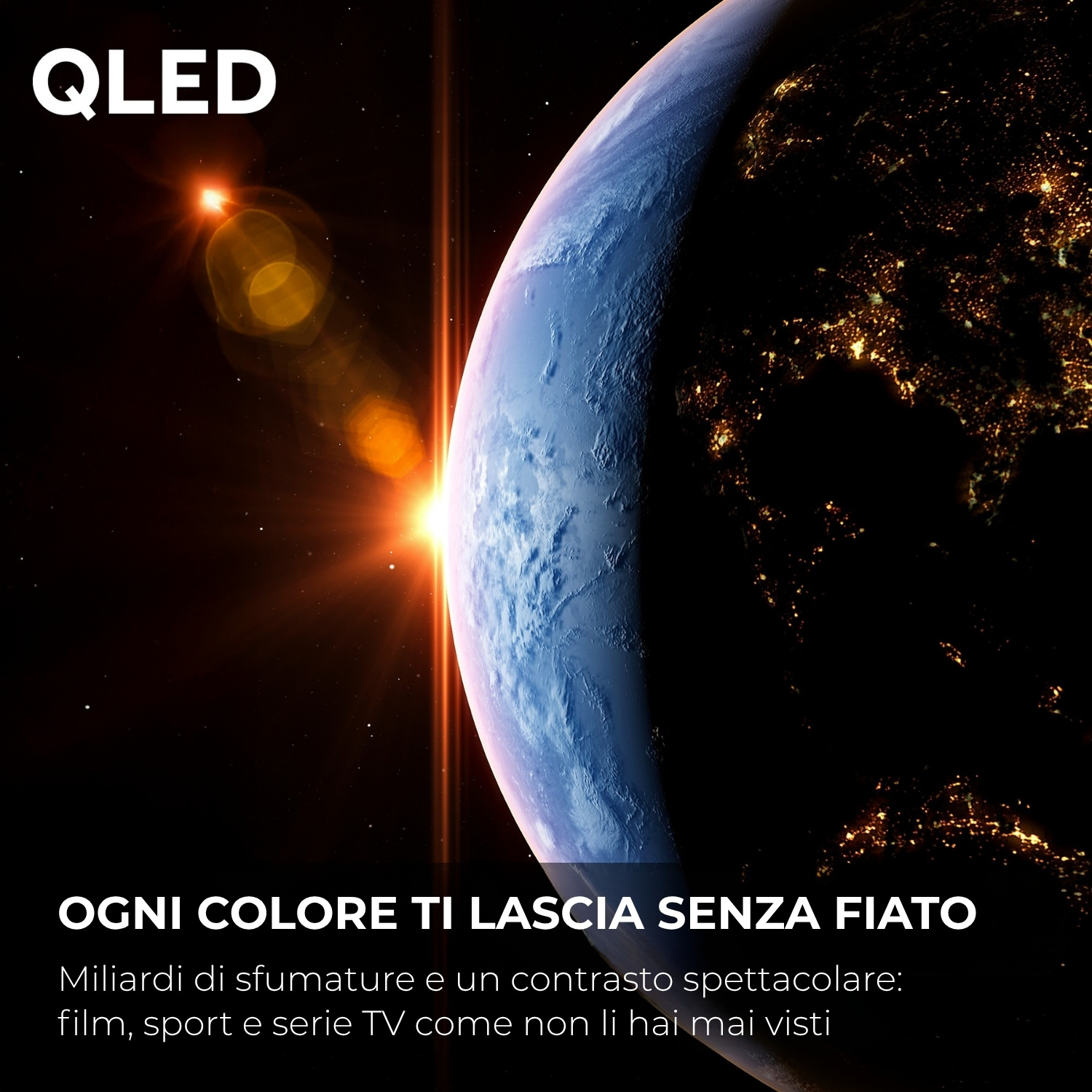 Logo QLED sopra la Terra di notte, con un'alba luminosa.