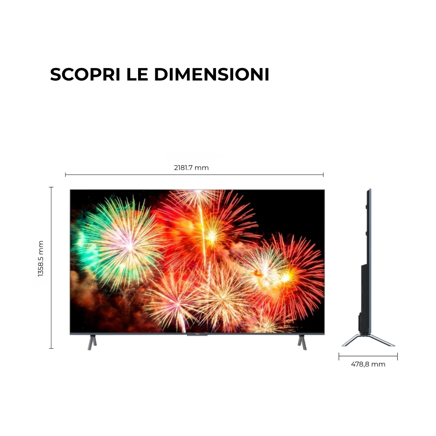 Un moderno televisore con schermo di fuochi d'artificio e dimensioni.