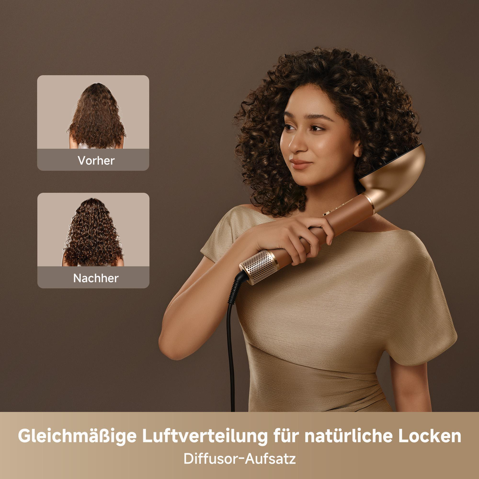 Frau mit Lockenwickler und Diffusor-Aufsatz, Vorher/Nachher-Vergleich