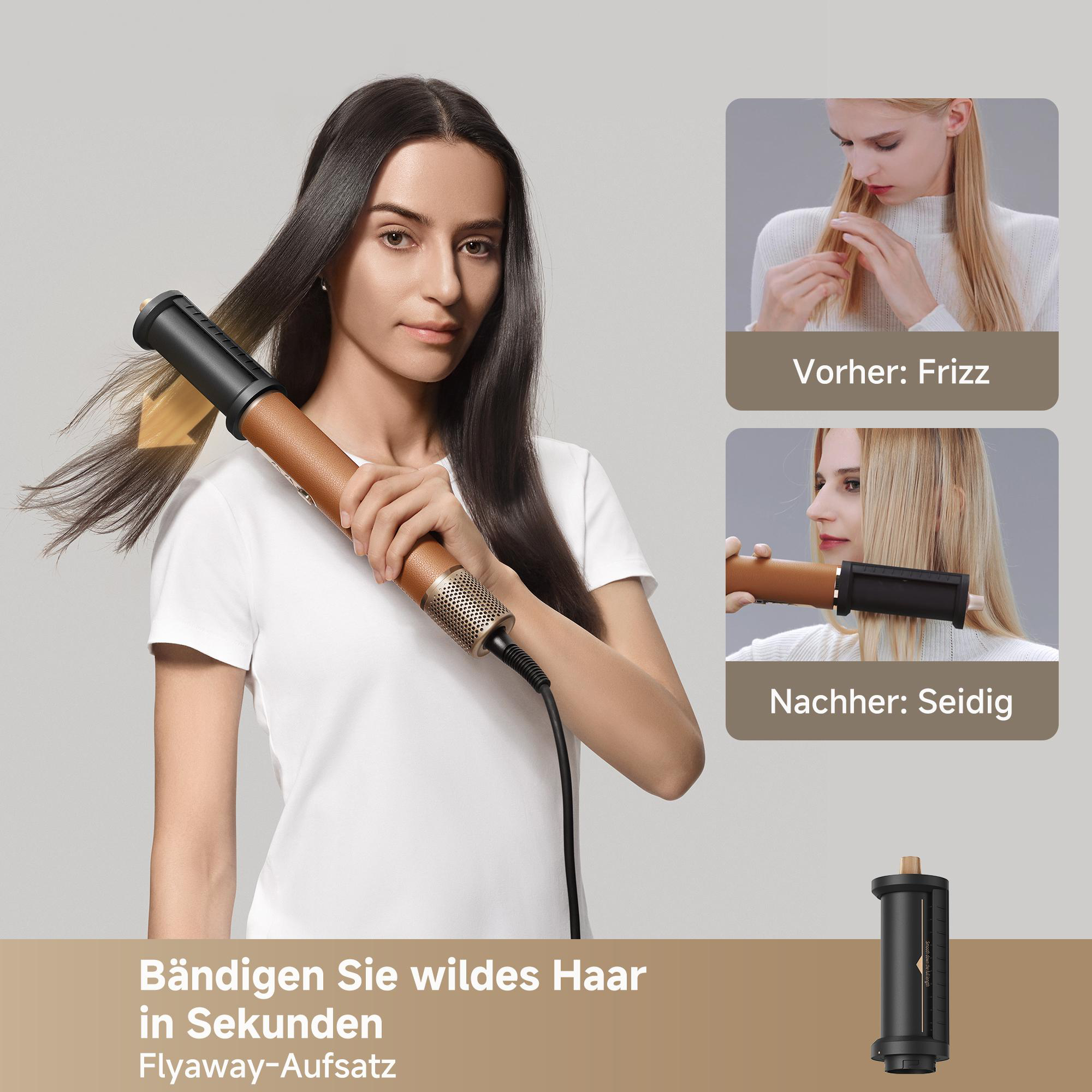 Frau stylt ihr Haar mit einem braunen und schwarzen Haarstyler. Vorher/Nachher-Vergleich.
