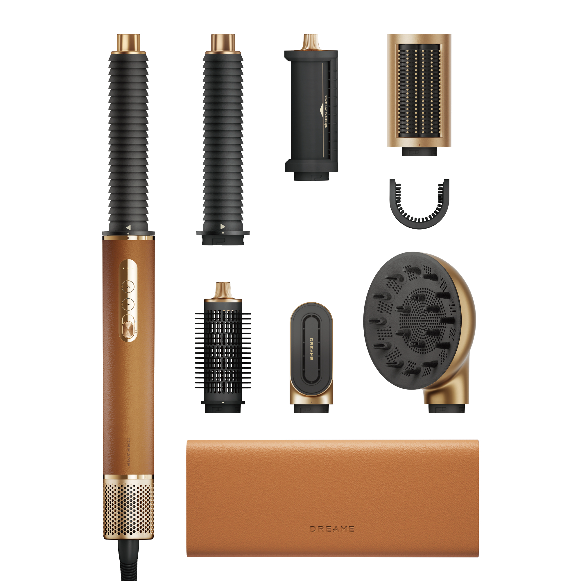 Ein goldener Haartrockner mit schwarzem Griff und Zubehör auf weißem Hintergrund.