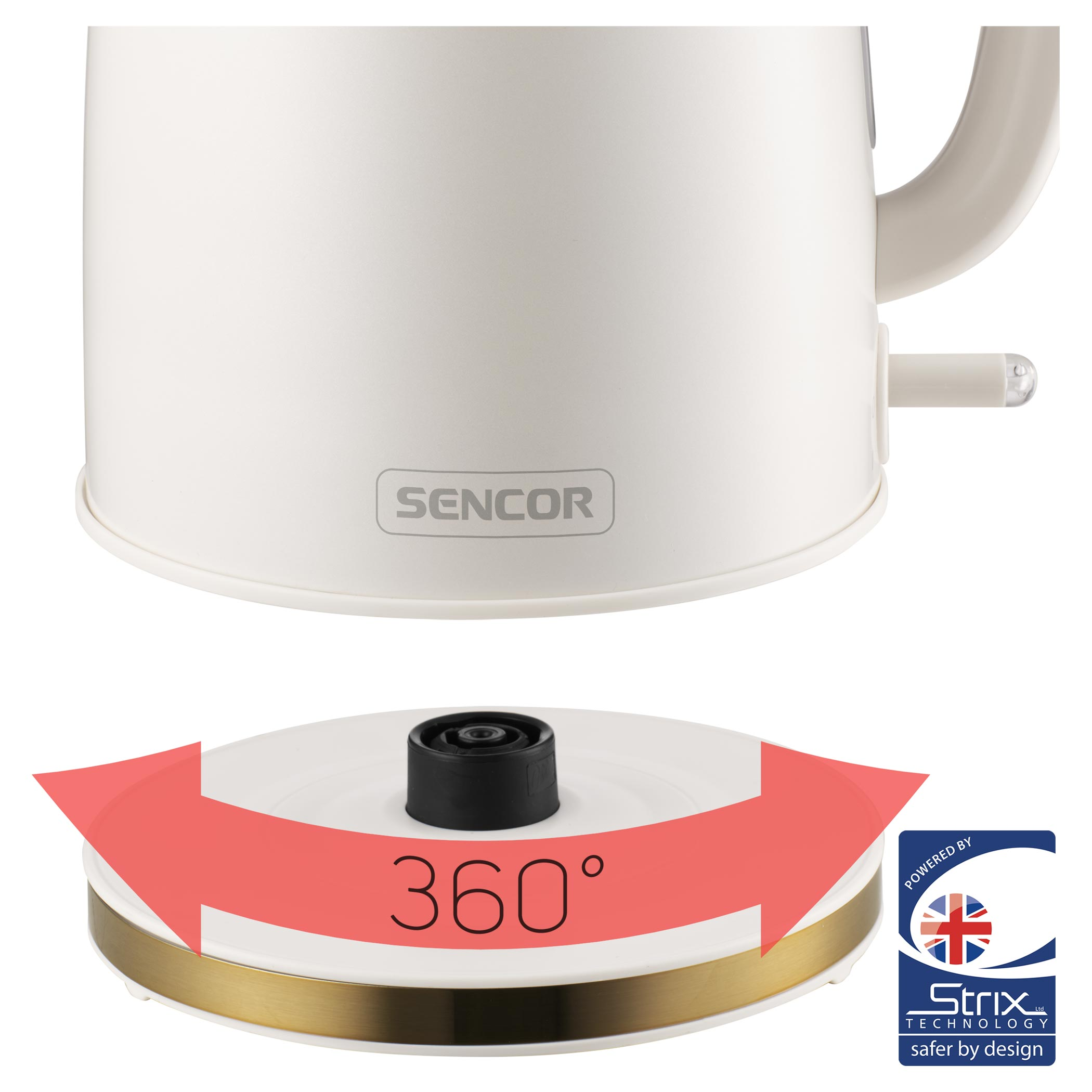 Fehér vízforraló SENCOR logóval és 360°-os talppal.