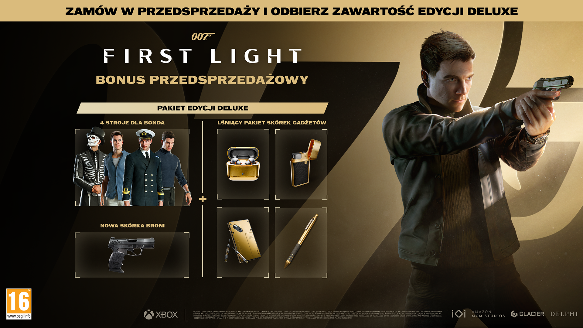 Mężczyzna celuje z broni. Tło zawiera zawartość Edycji Deluxe: stroje, broń, słuchawki i zapalniczkę.
