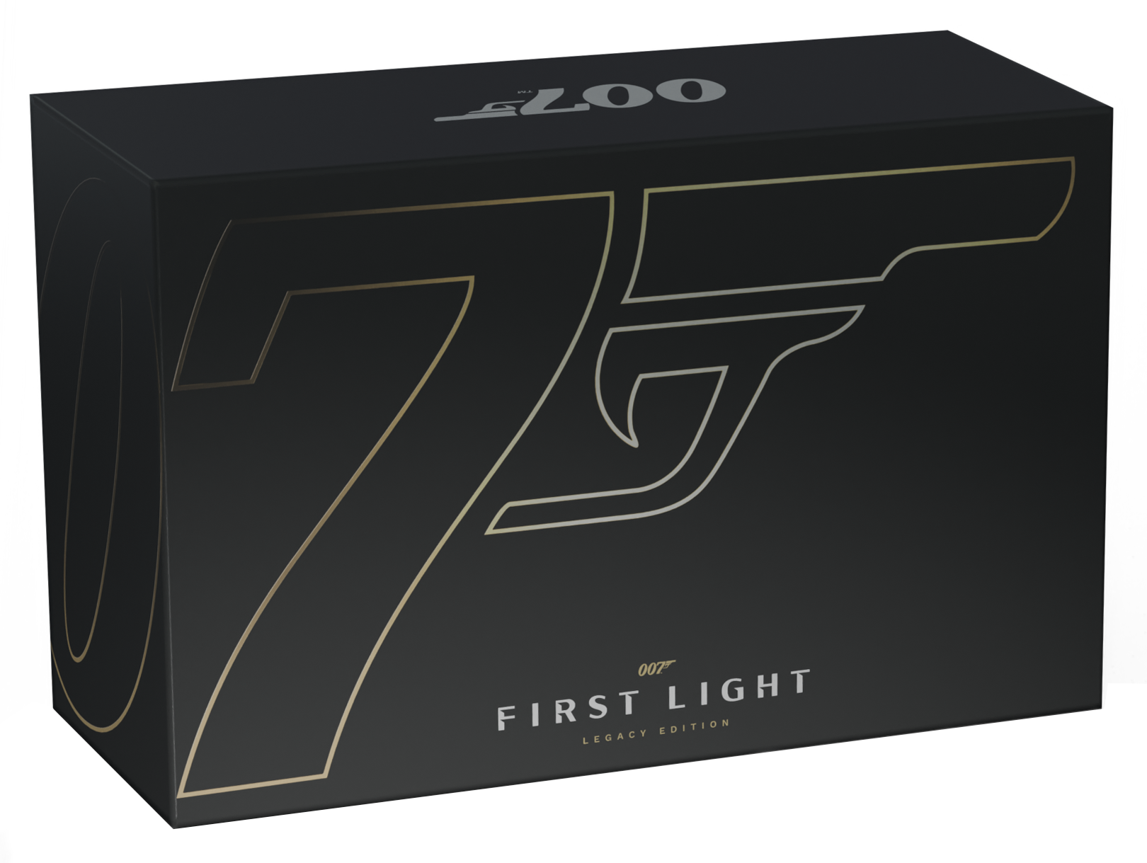 Czarne pudełko ze złotym logo 007 "First Light" i motywem "75".