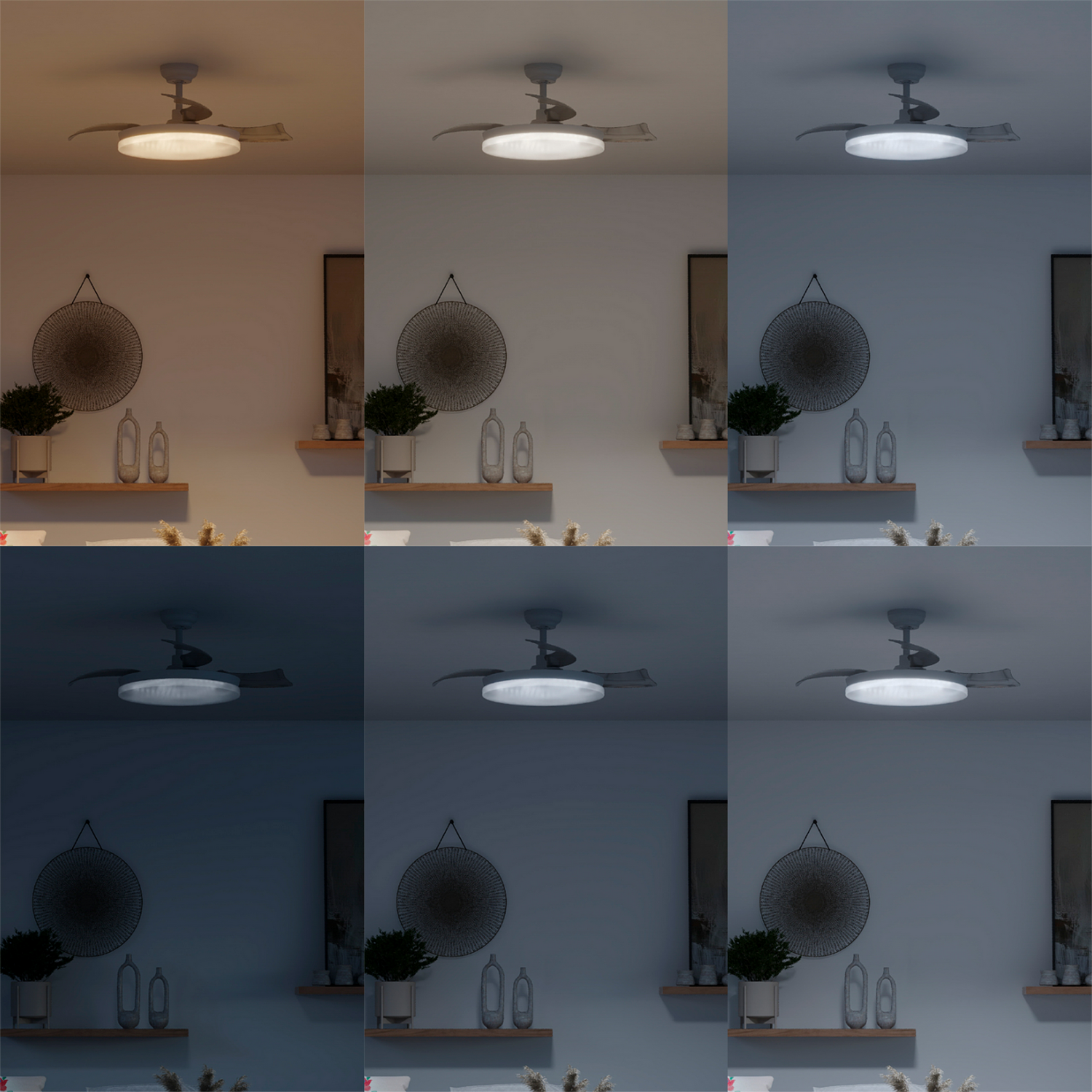 Ventilador de techo con luz en varios ajustes de brillo y temperatura de color.