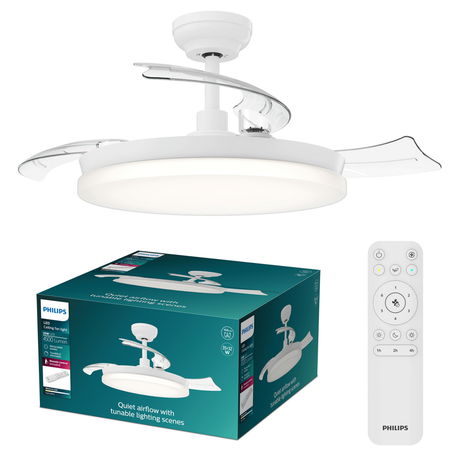 Un ventilador de techo blanco con luz LED y mando a distancia, junto a su caja.