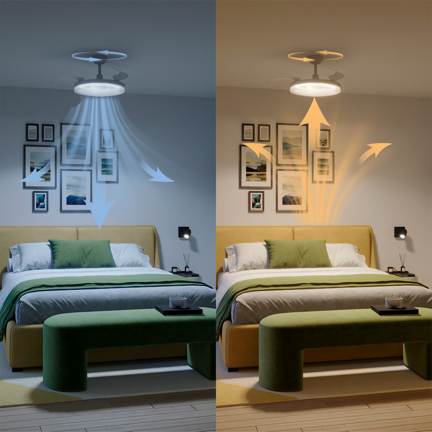 Un dormitorio con cama, ventilador de techo y arte de pared. El aire fluye hacia abajo a la izquierda, hacia arriba a la derecha.