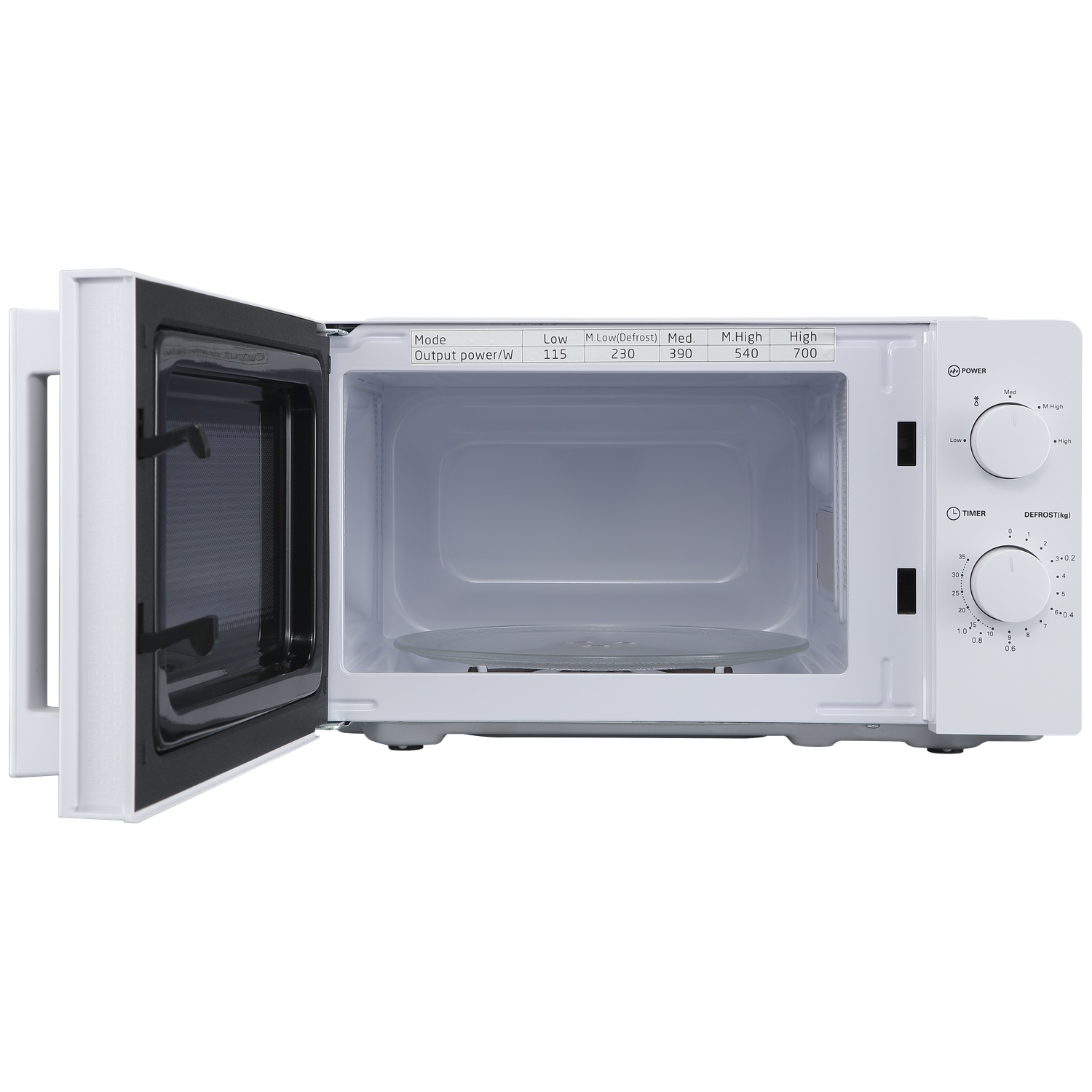 A white microwave with its door open. It has power and timer controls.
