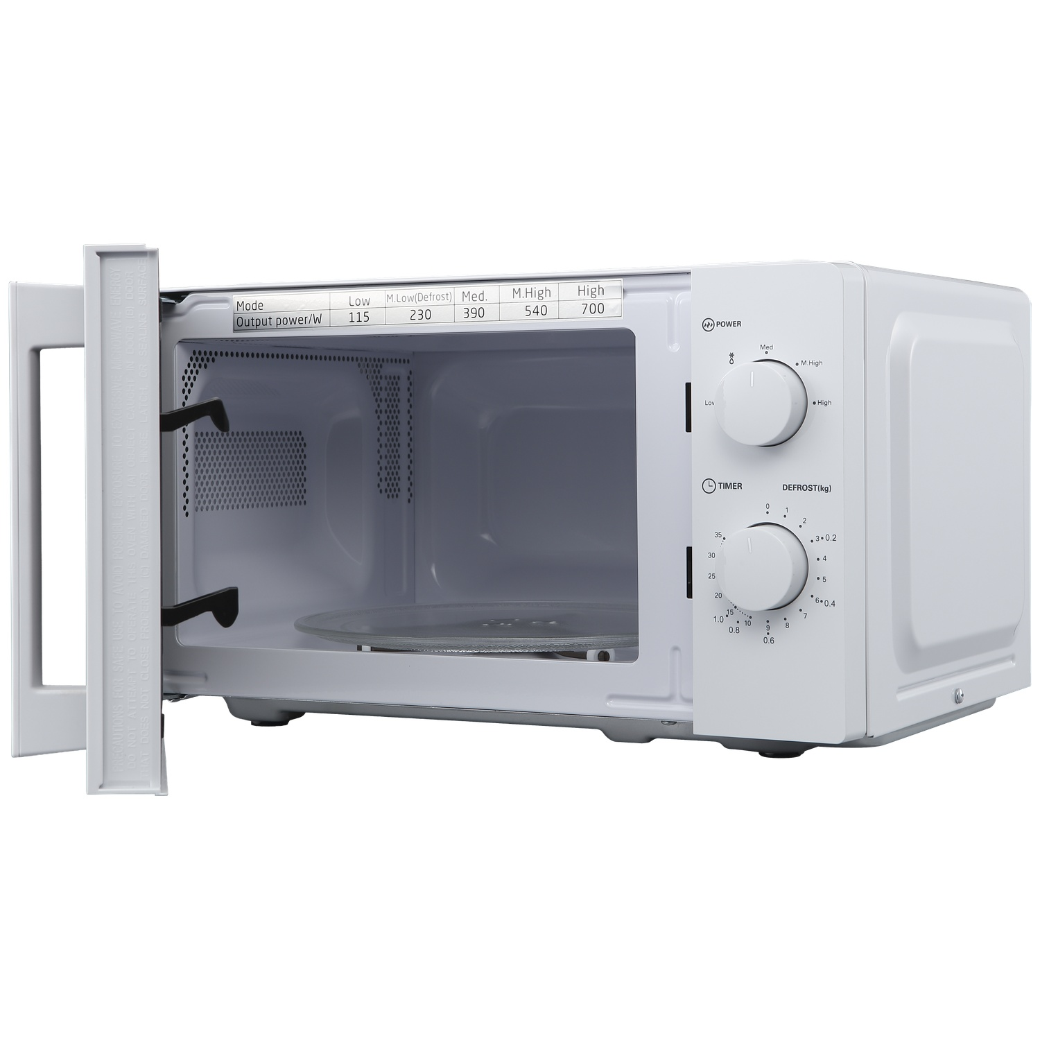 A white, open microwave oven with control dials and a turntable inside.