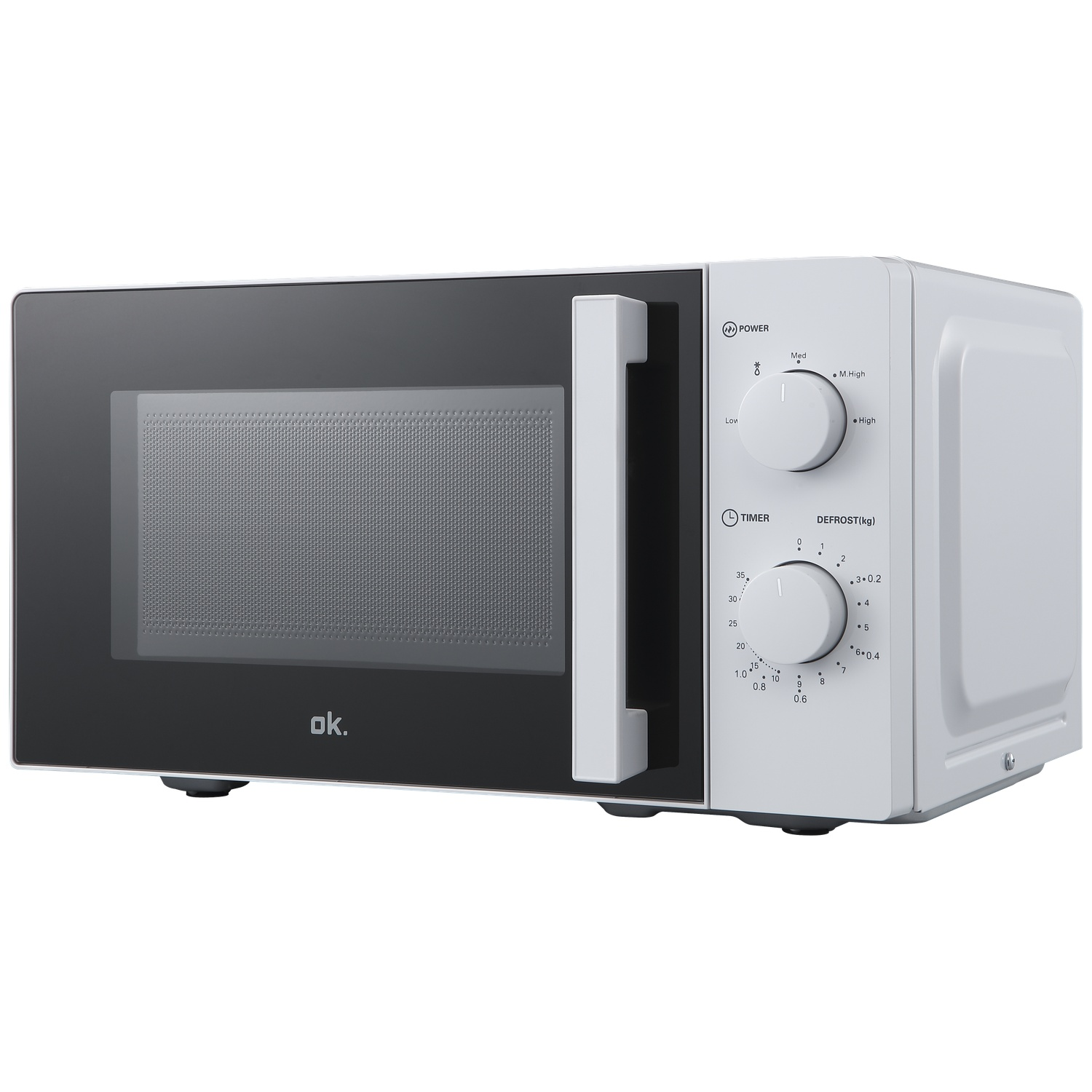 A white OK. microwave with a black door and a silver handle.