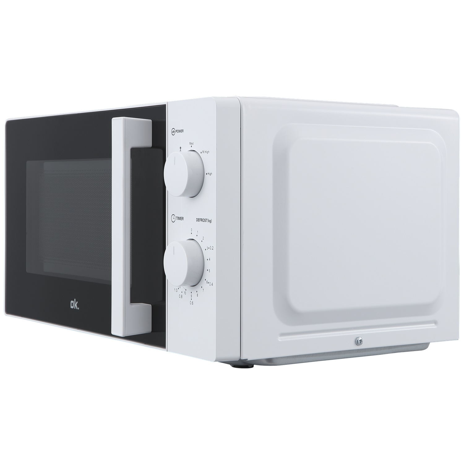 White OK. brand microwave with two knobs for power and timer/defrost settings.