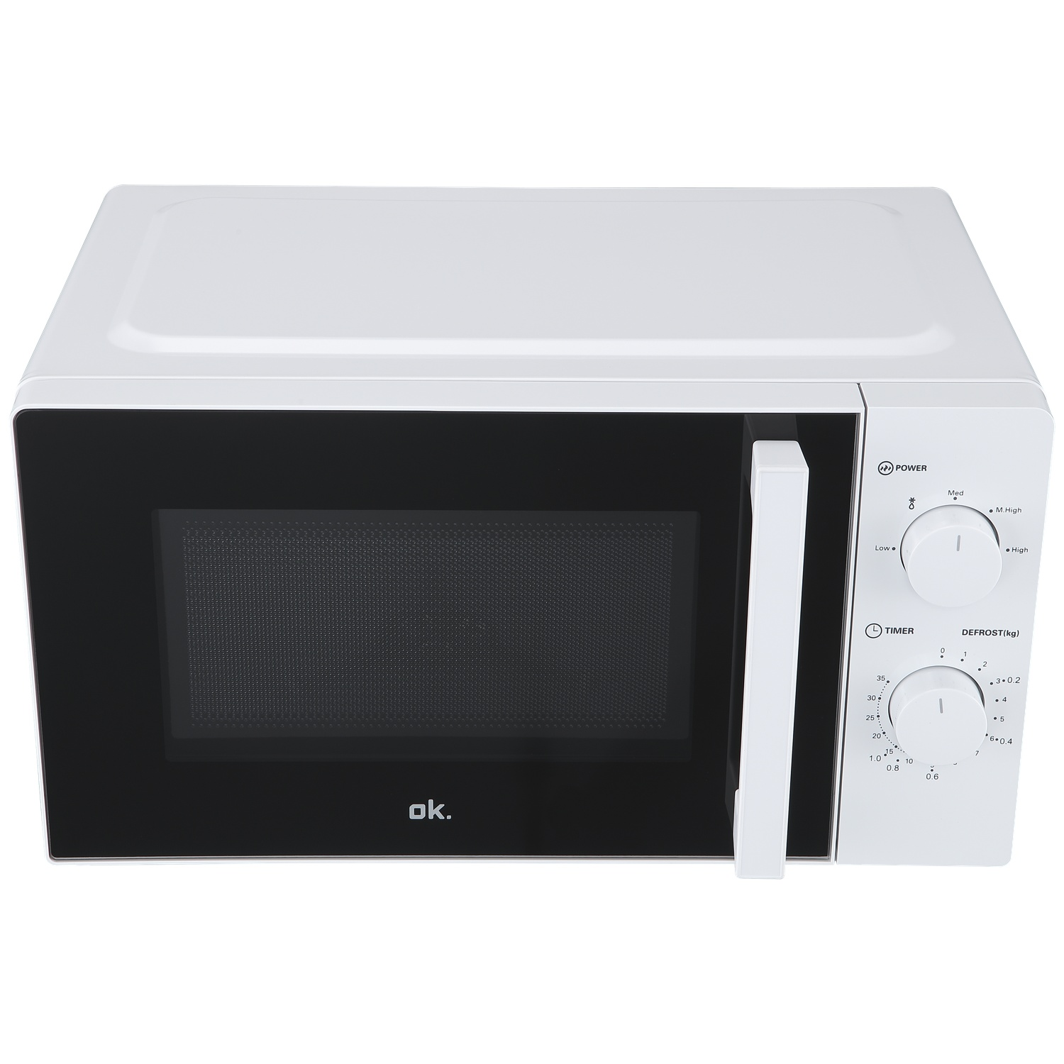 A white microwave with a black door and control knobs.