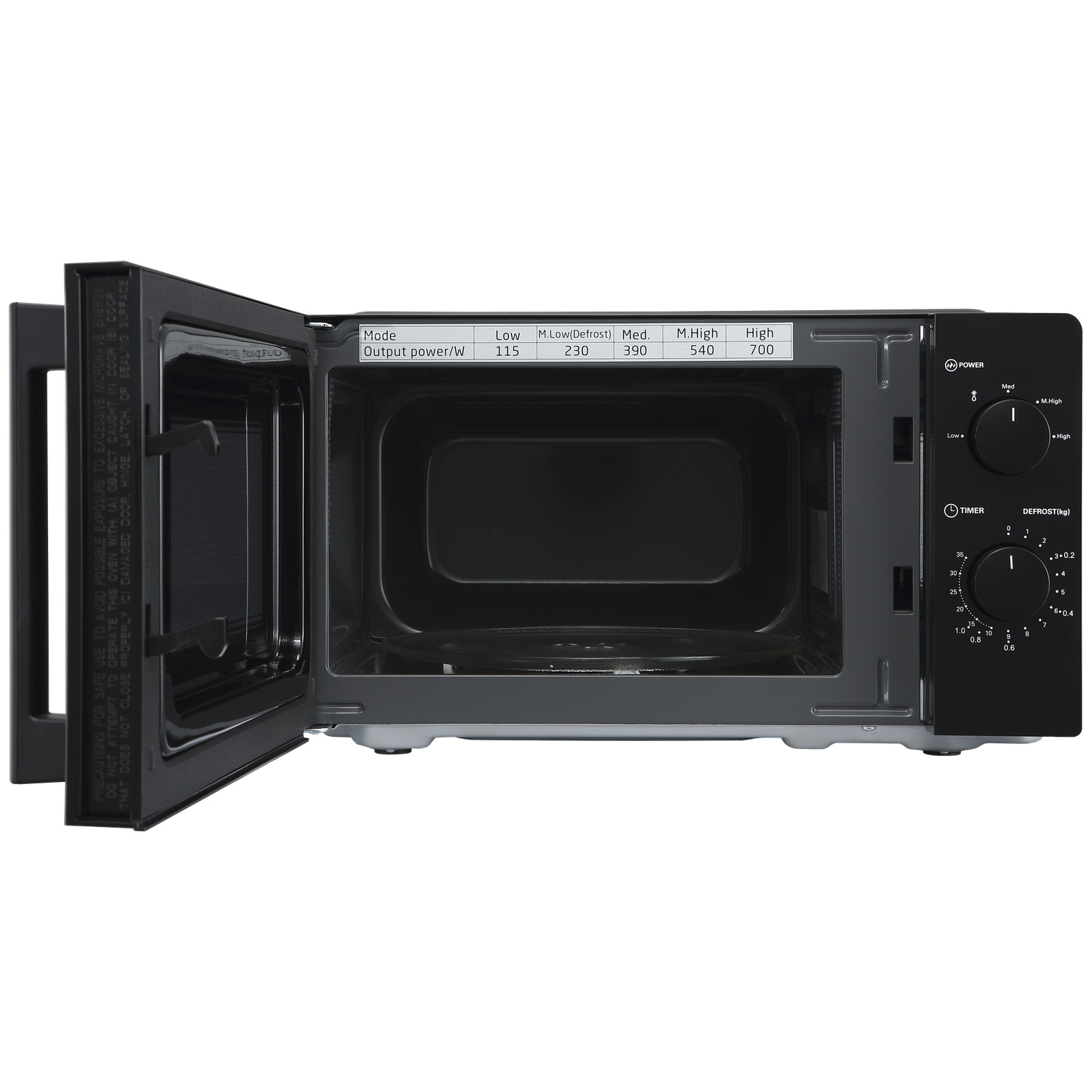 An open black microwave oven with a chart and control knobs on the side.