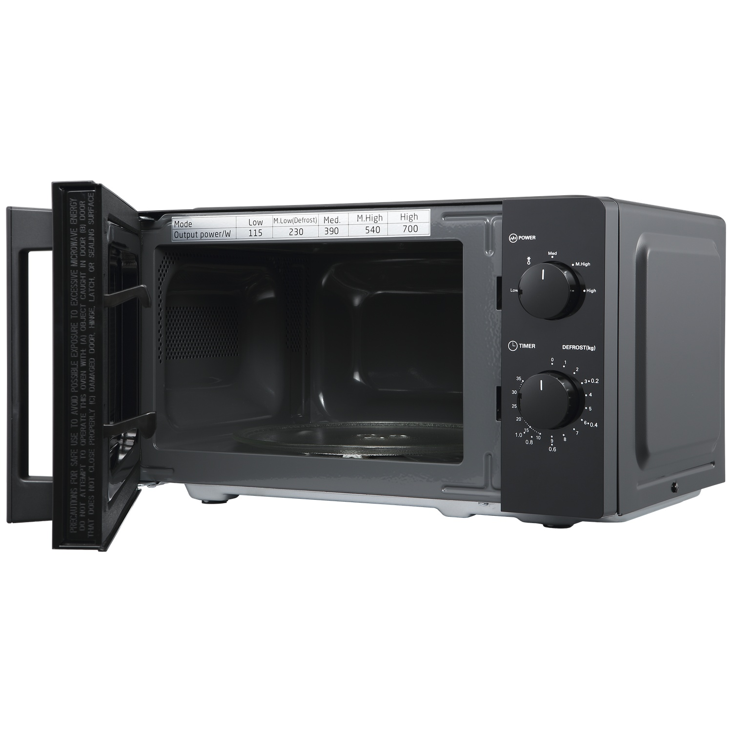 Open gray microwave with control panel and power/timer dials. Interior visible.