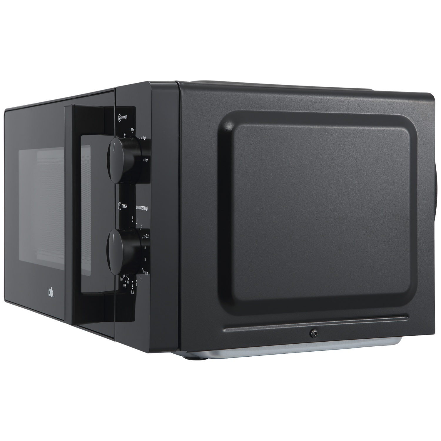 Black microwave oven with control knobs and a door with a viewing window.