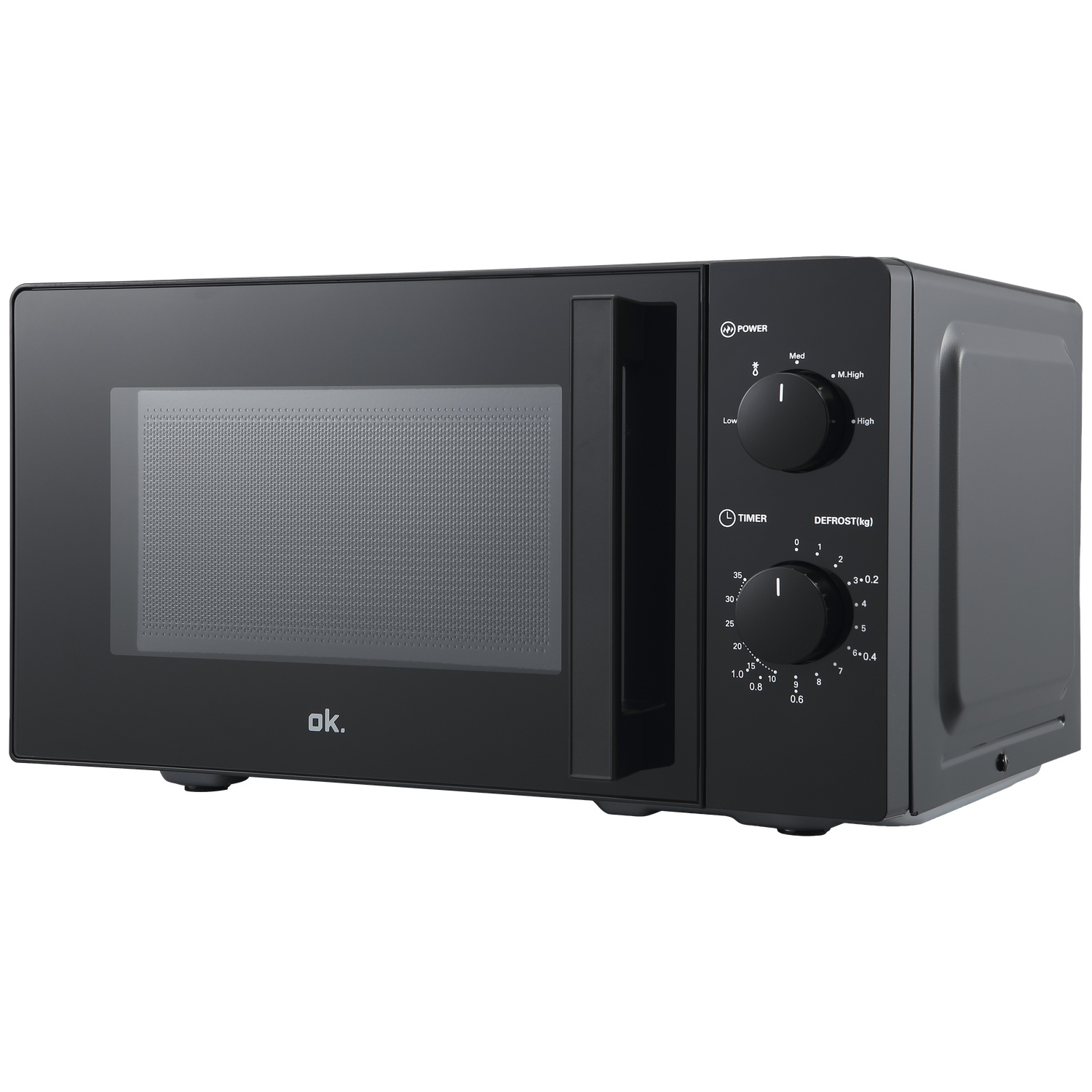 Black microwave with two dials and a glass door. 'ok.' logo is on the front.
