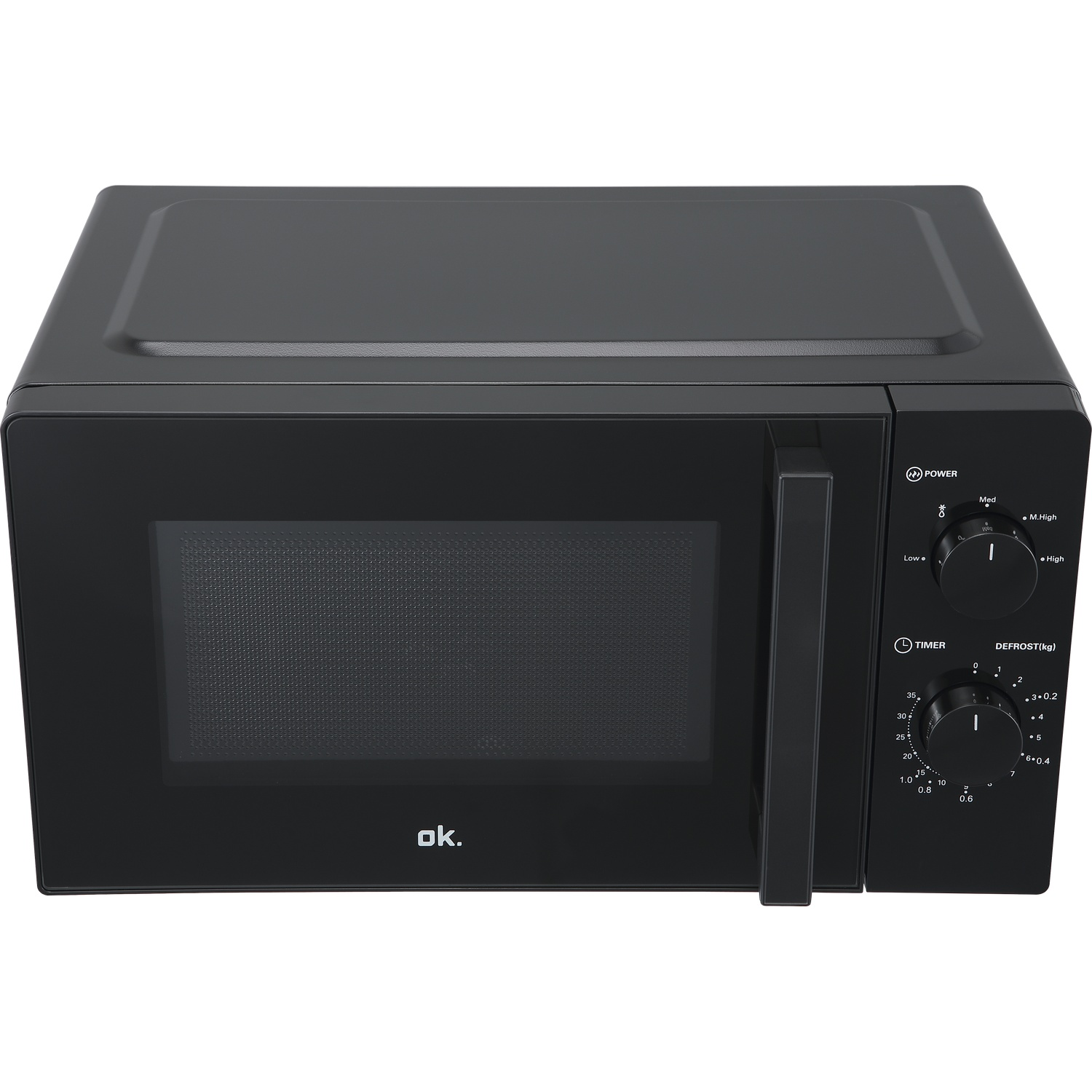 Black microwave with power and defrost control knobs. Door with a viewing window.